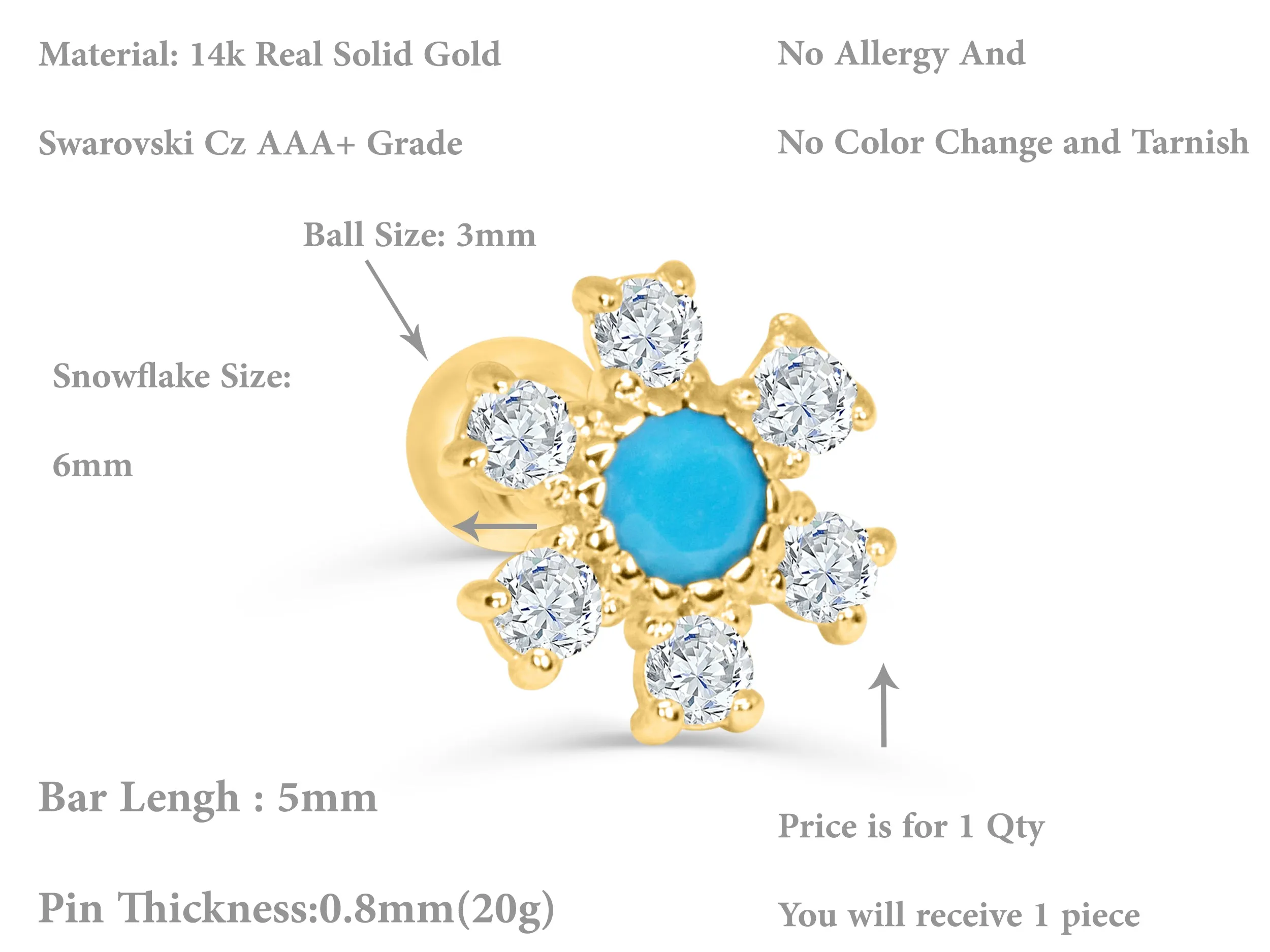 14k Gold Blue Gemstone Square Snowflake Barbell Ear Stud Piercing