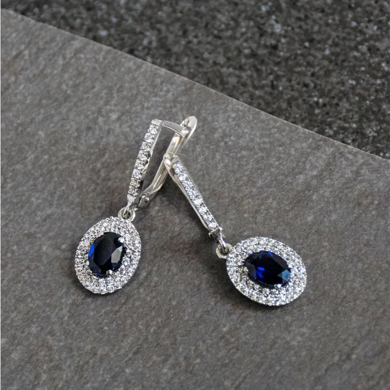 14K White Gold Oval Blue Cubic Zirconia 7X5mm Dangle Earrings