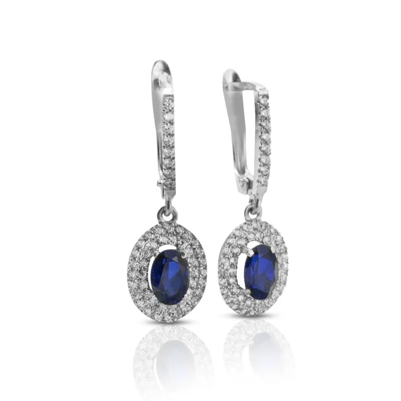 14K White Gold Oval Blue Cubic Zirconia 7X5mm Dangle Earrings