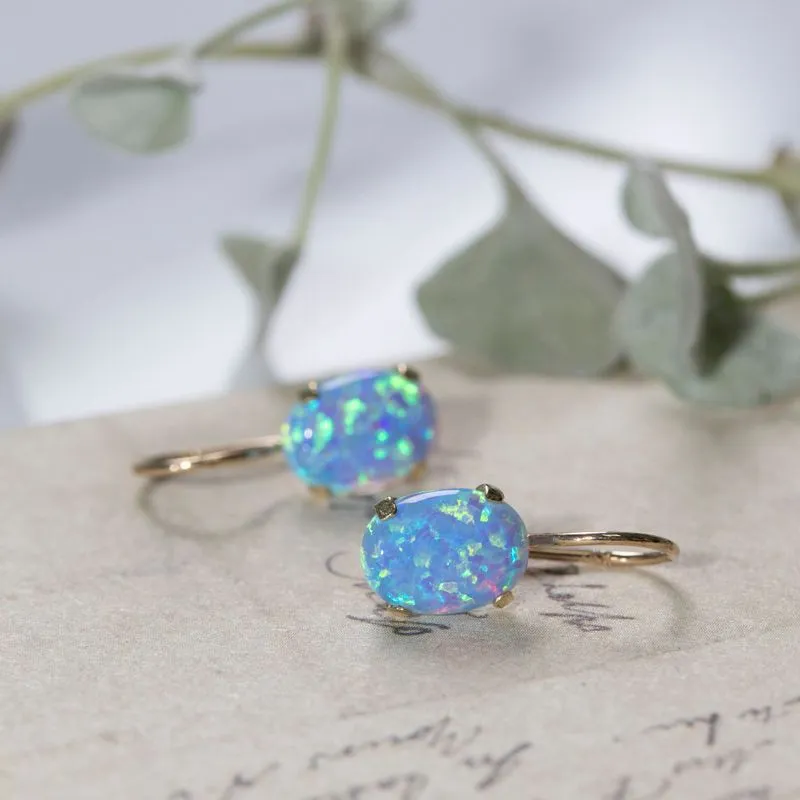 14K Yellow Gold Oval Blue Opal 6X8mm Dangle Earrings