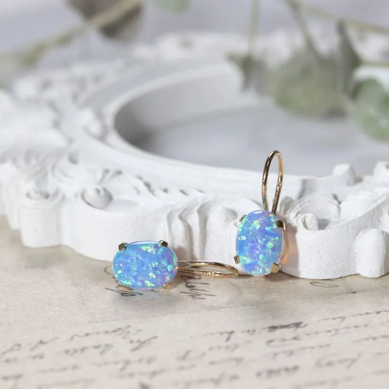 14K Yellow Gold Oval Blue Opal 6X8mm Dangle Earrings