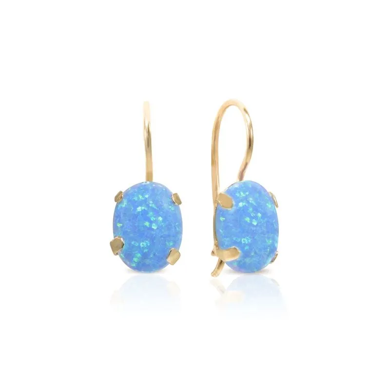 14K Yellow Gold Oval Blue Opal 6X8mm Dangle Earrings