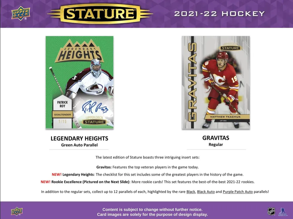 2021/22 Upper Deck Stature Hockey Hobby Box 1 Pack Per Box, 8 Cards Per Pack