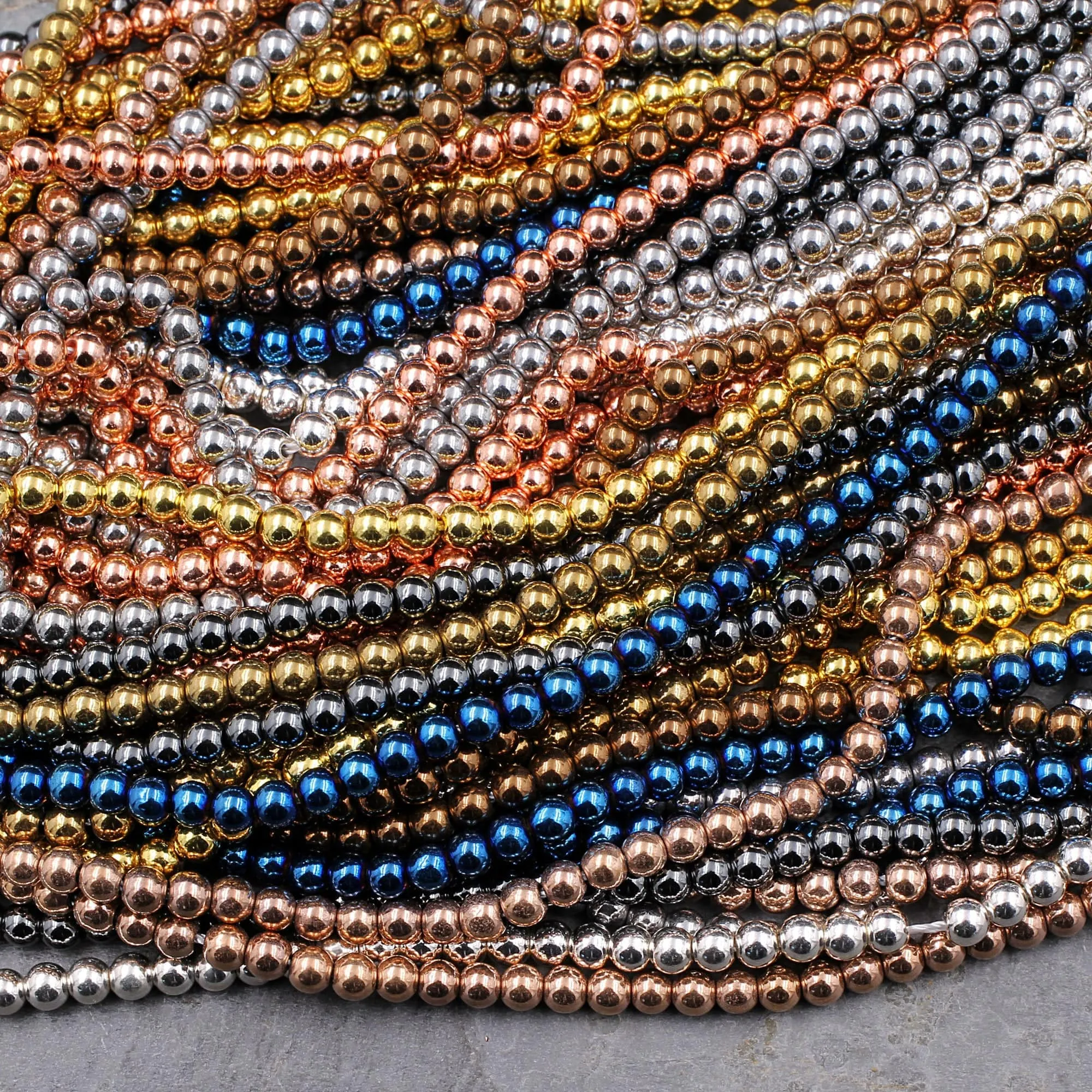 3mm 4mm Hematite Smooth Round Beads Metallic Shiny Silver Gold Blue Bronze Gunmetal Rose Gold Beads 15.5" Strand