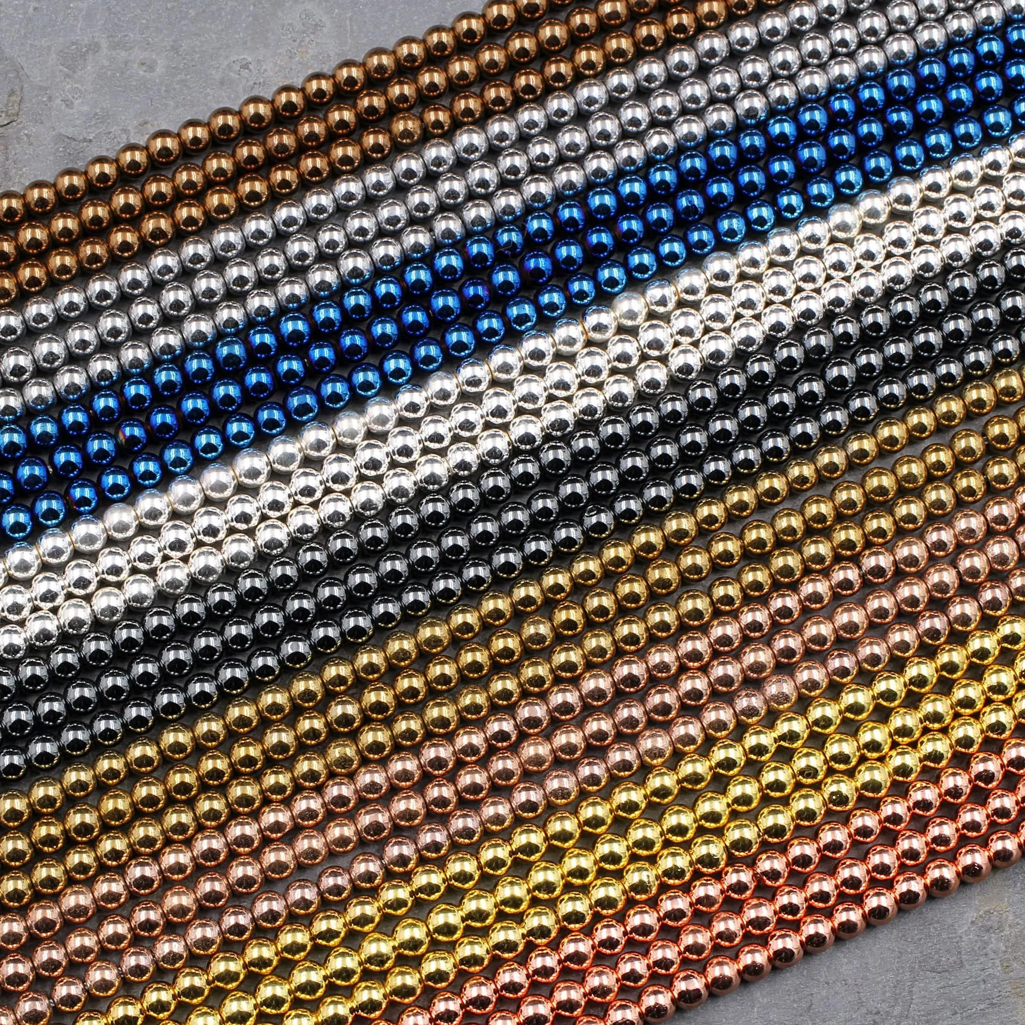 3mm 4mm Hematite Smooth Round Beads Metallic Shiny Silver Gold Blue Bronze Gunmetal Rose Gold Beads 15.5" Strand