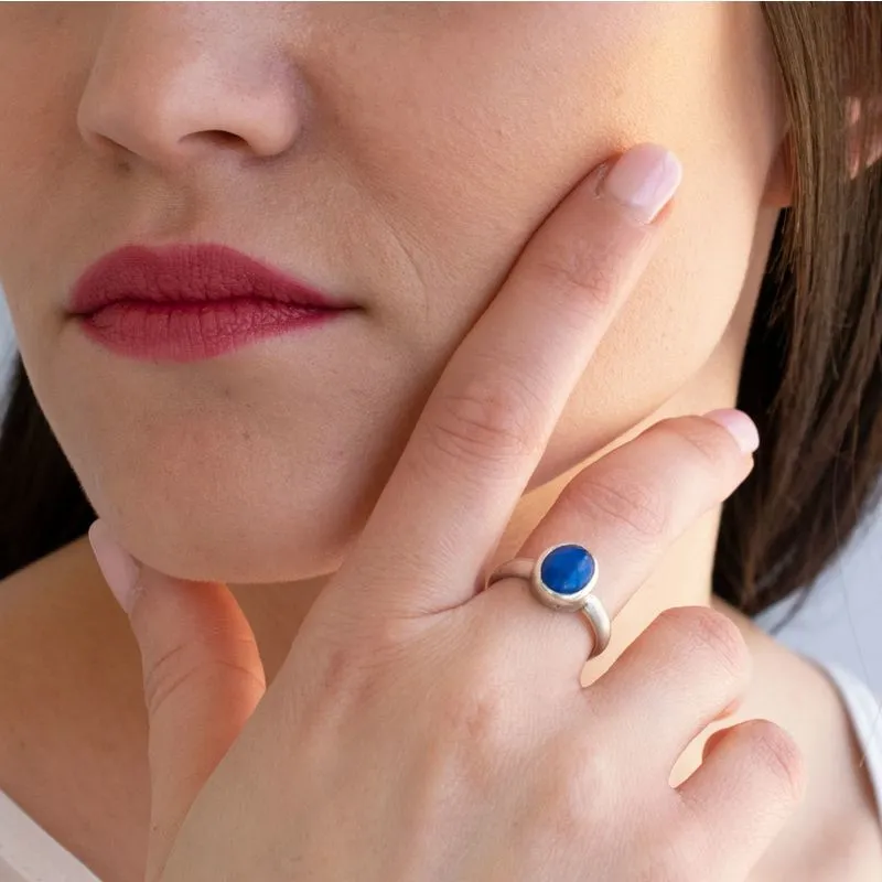 925 Sterling Silver Round Blue Lapis Lazuli 8X10mm Ring