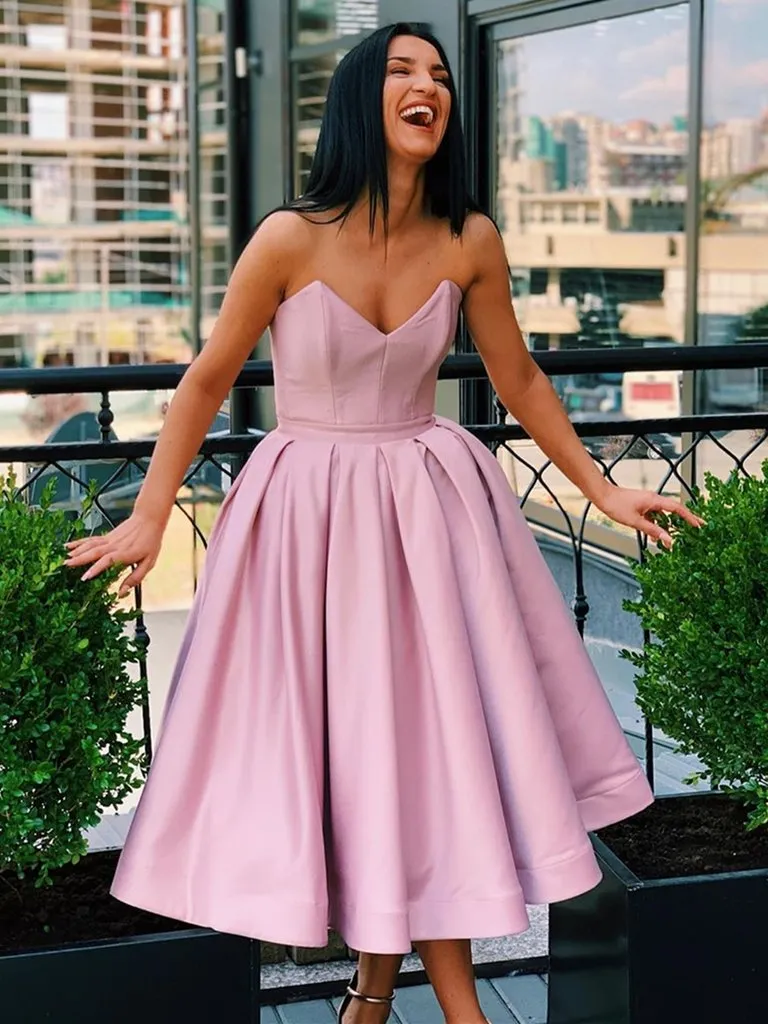 A Line Pink Strapless Short Prom Dresses, Strapless Short Pink Formal Graduation Homecoming Dresses