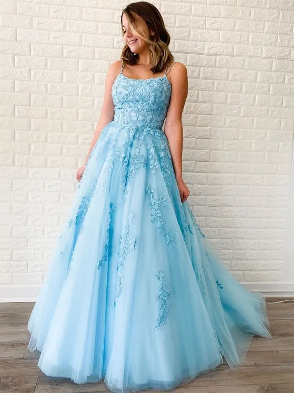 A Line Sky Blue Lace Backless Long Prom, Backless Sky Blue Lace Formal, Sky Blue Evening