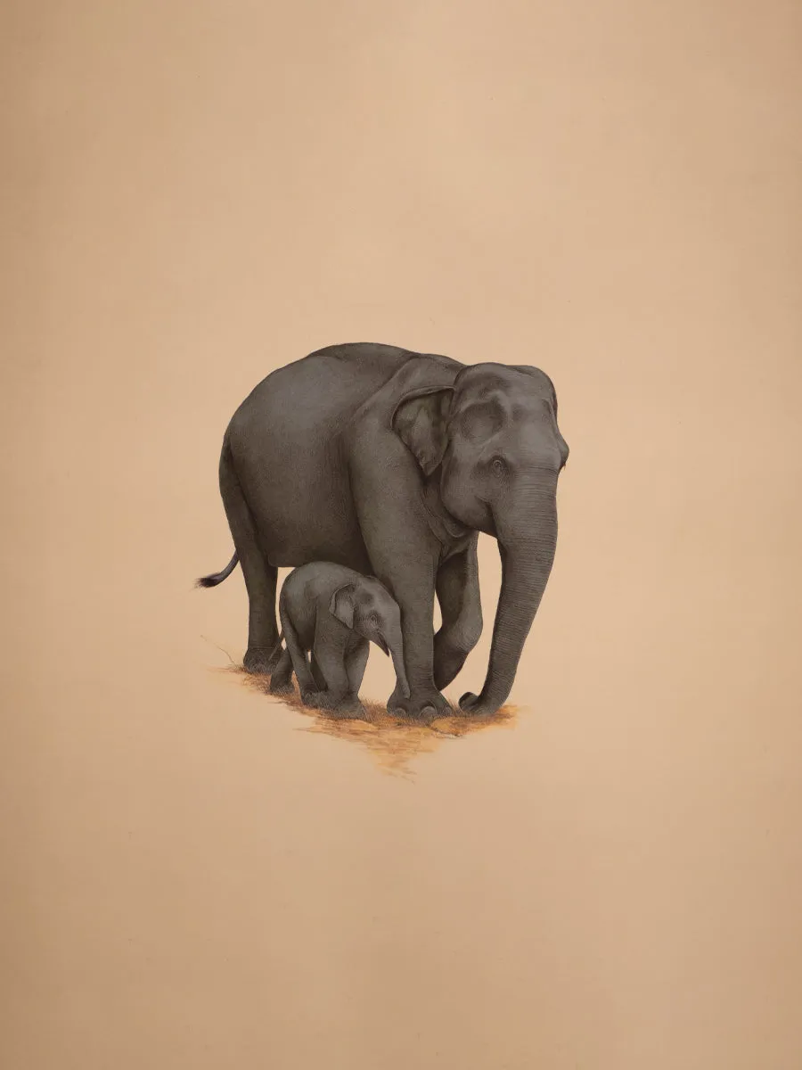 A Serene Connection: The Bond of Elephants, A Mughal Miniature by Mohan Prajapati