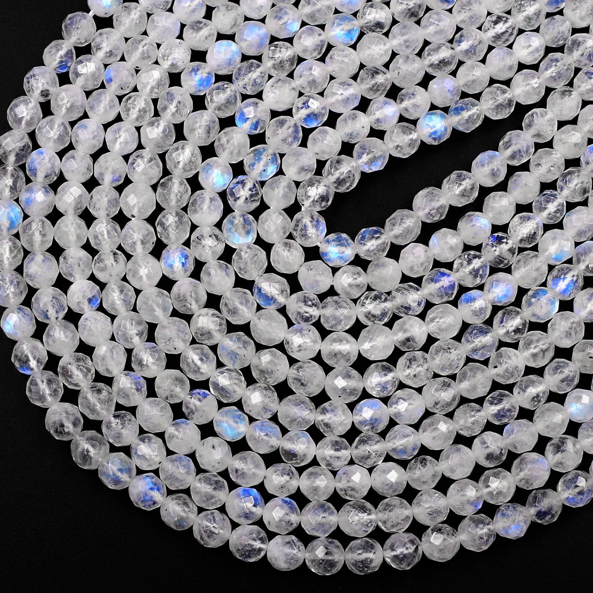 AA Faceted Natural Blue Rainbow Moonstone 6mm 8mm 10mm Blue Flash Round Beads Diamond Cut Large Facets 16" Strand