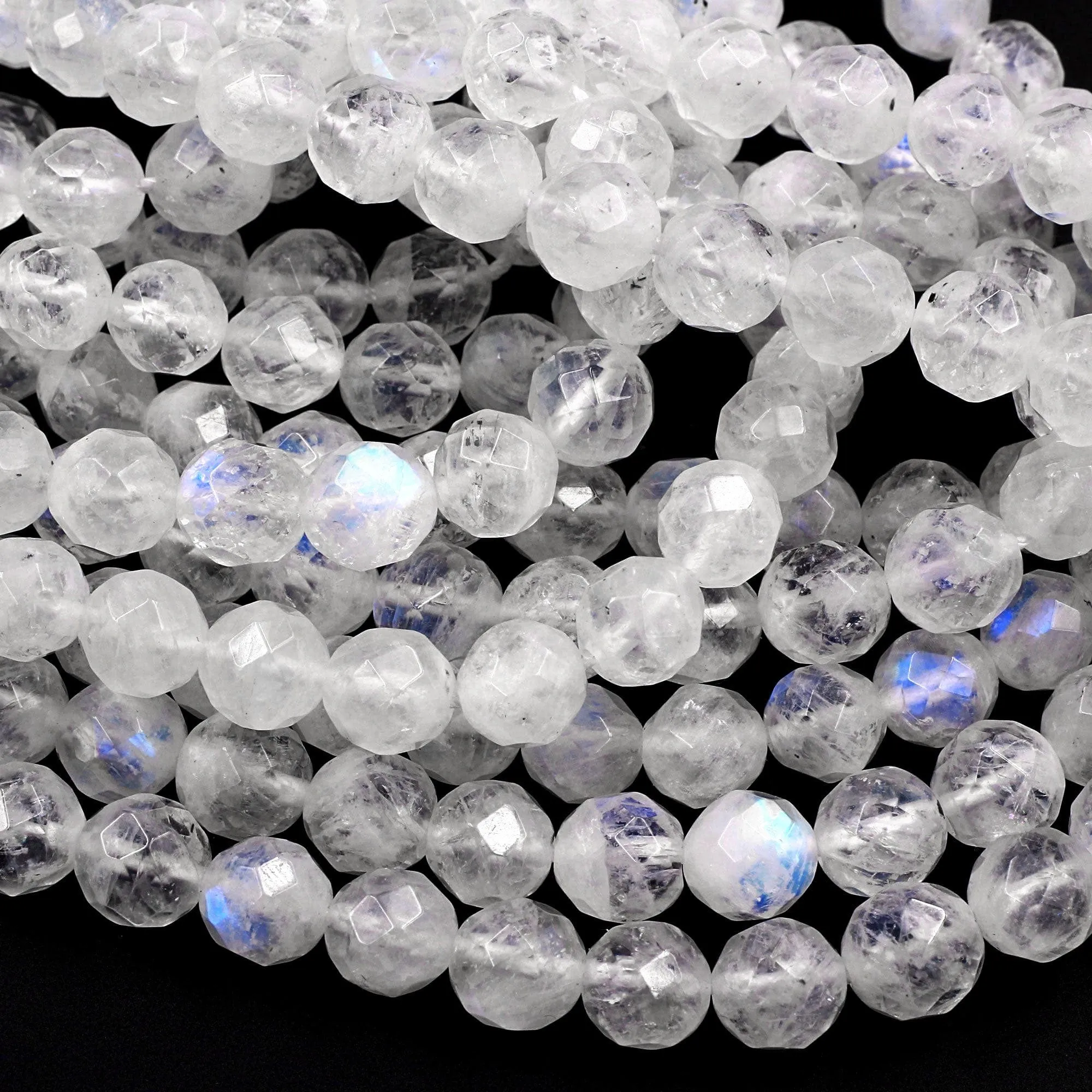 AA Faceted Natural Blue Rainbow Moonstone 6mm 8mm 10mm Blue Flash Round Beads Diamond Cut Large Facets 16" Strand