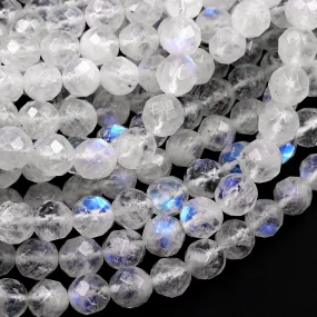 AA Faceted Natural Blue Rainbow Moonstone 6mm 8mm 10mm Blue Flash Round Beads Diamond Cut Large Facets 16" Strand