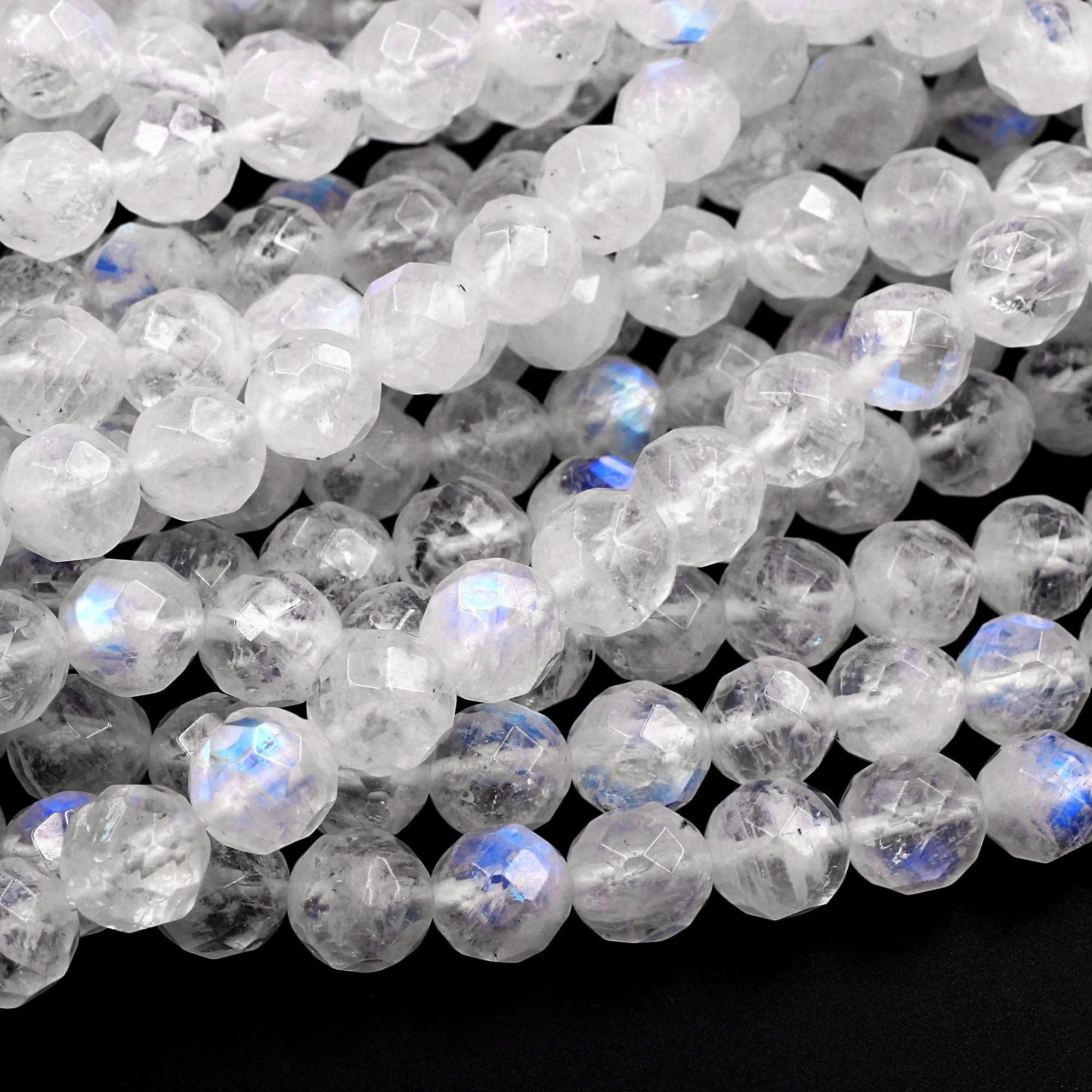 AA Faceted Natural Blue Rainbow Moonstone 6mm 8mm 10mm Blue Flash Round Beads Diamond Cut Large Facets 16" Strand