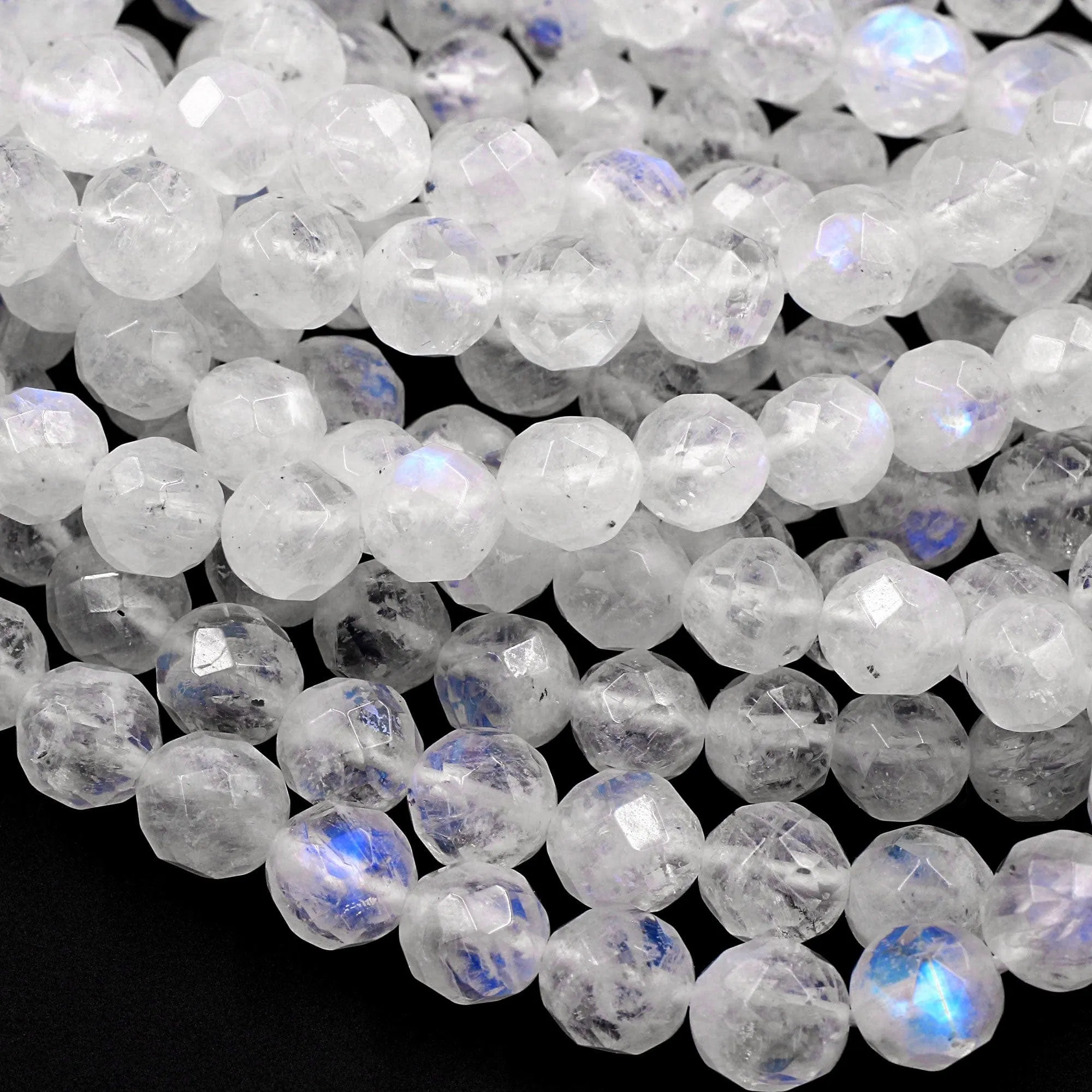 AA Faceted Natural Blue Rainbow Moonstone 6mm 8mm 10mm Blue Flash Round Beads Diamond Cut Large Facets 16" Strand