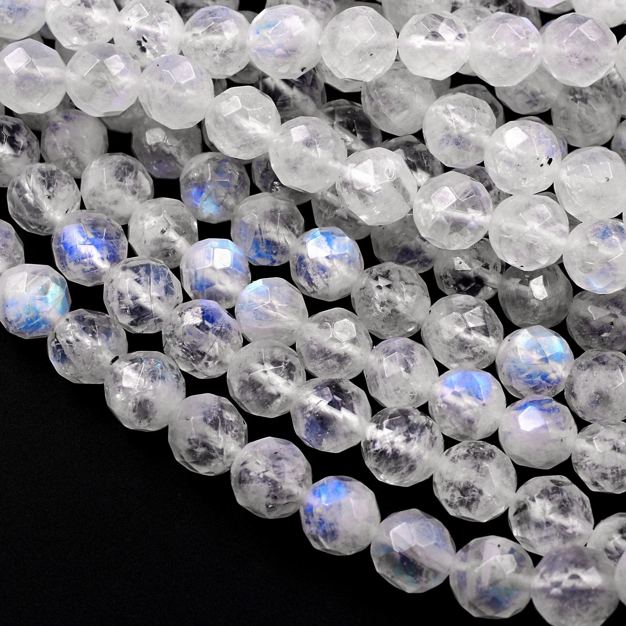 AA Faceted Natural Blue Rainbow Moonstone 6mm 8mm 10mm Blue Flash Round Beads Diamond Cut Large Facets 16" Strand