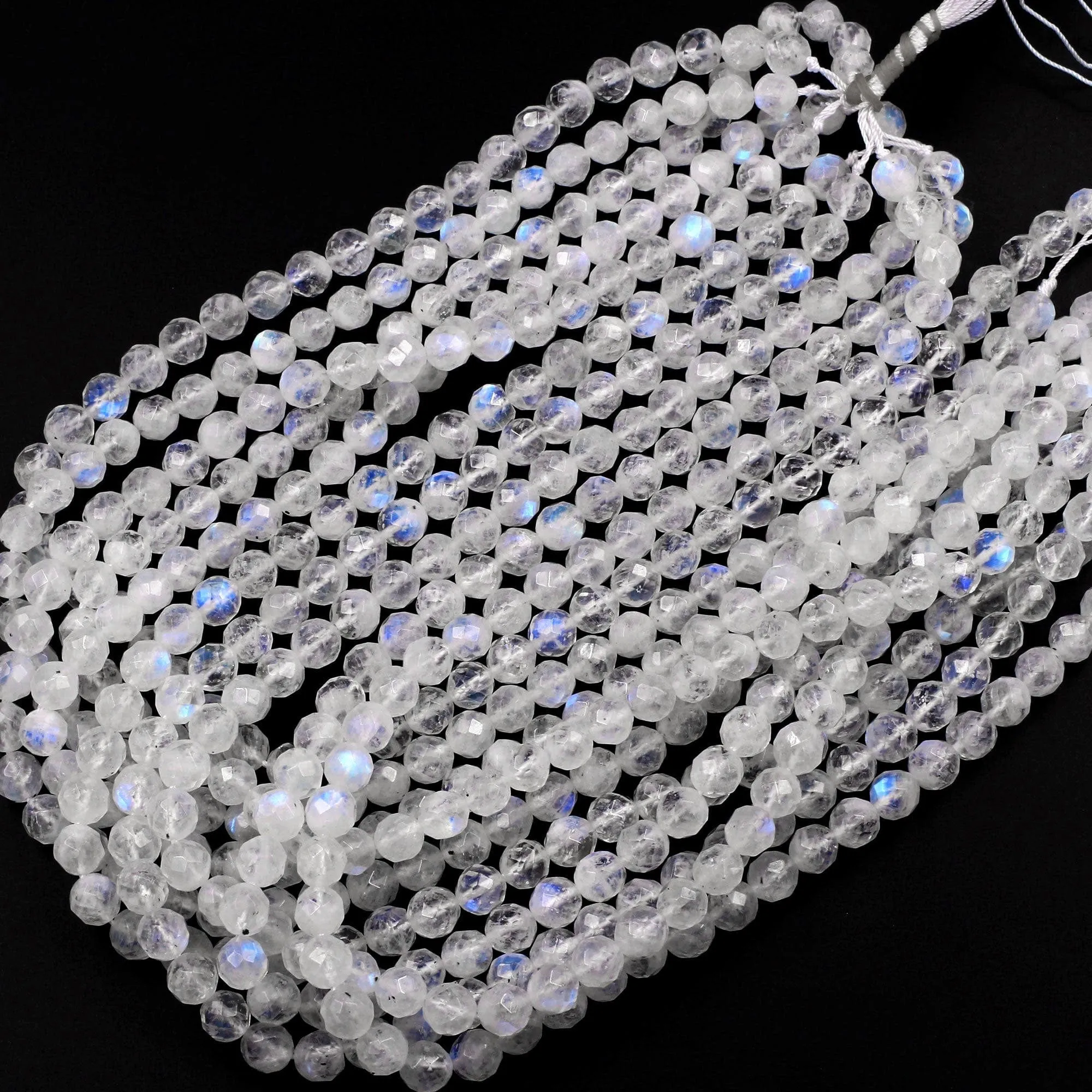 AA Faceted Natural Blue Rainbow Moonstone 6mm 8mm 10mm Blue Flash Round Beads Diamond Cut Large Facets 16" Strand