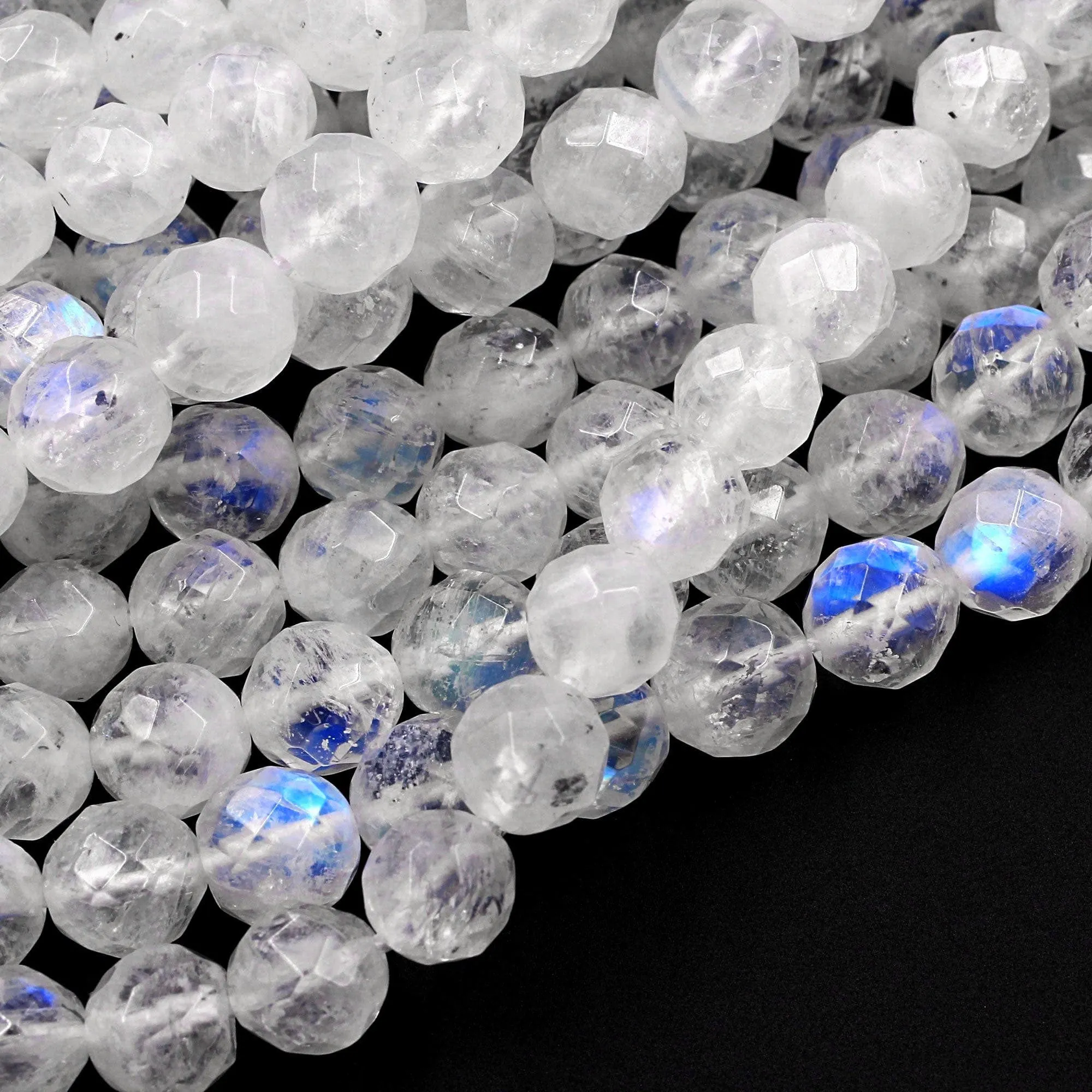 AA Faceted Natural Blue Rainbow Moonstone 6mm 8mm 10mm Blue Flash Round Beads Diamond Cut Large Facets 16" Strand