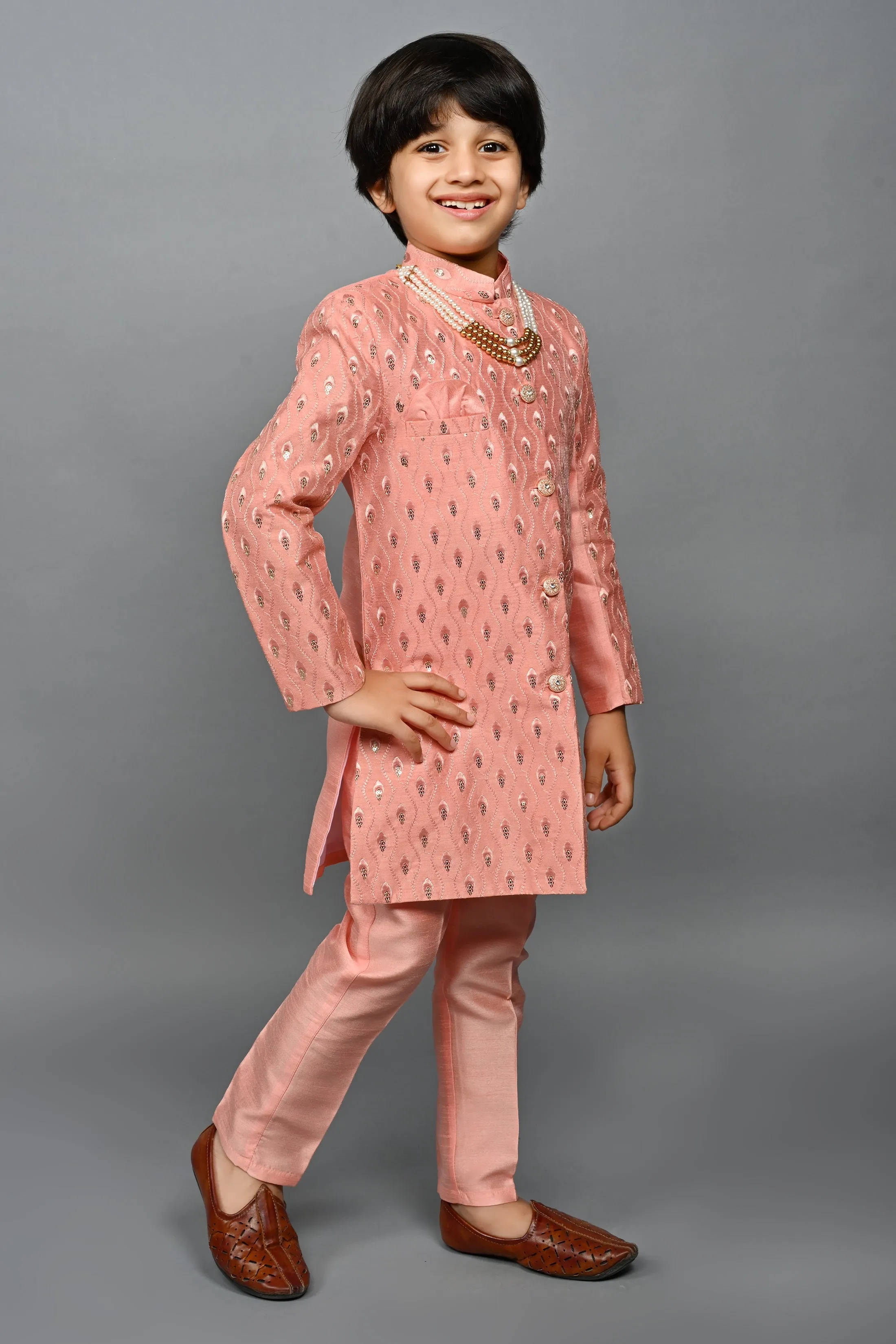 Ahhaaaa Kids Ethnic Silk Blend traditional Wear Sequin Print Indo-Western Sherwani Set For Boys