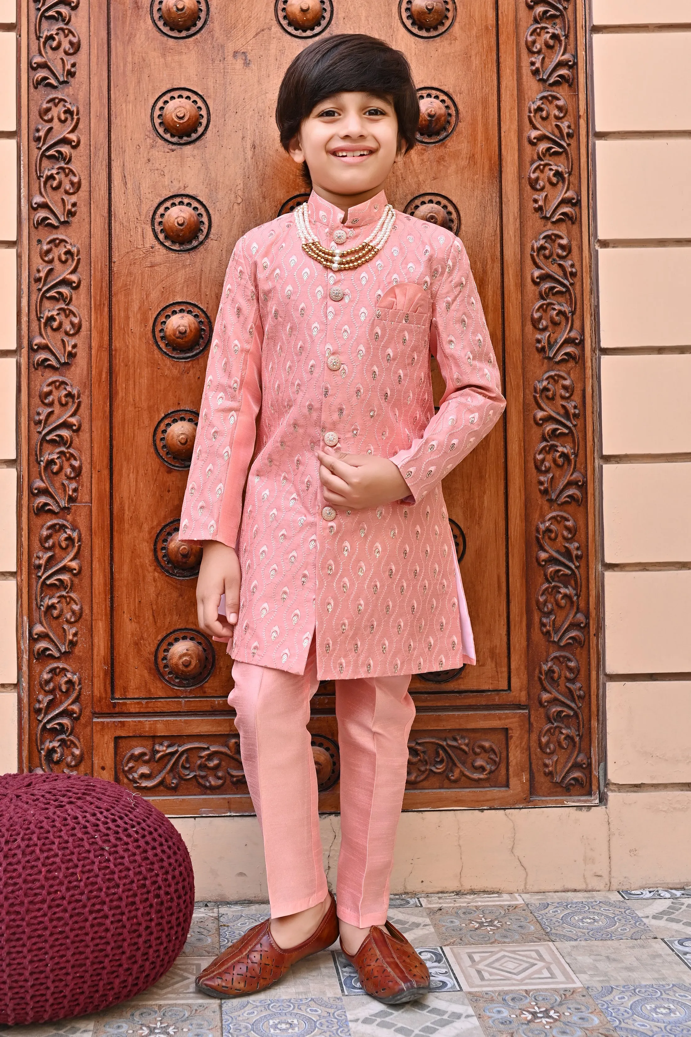 Ahhaaaa Kids Ethnic Silk Blend traditional Wear Sequin Print Indo-Western Sherwani Set For Boys