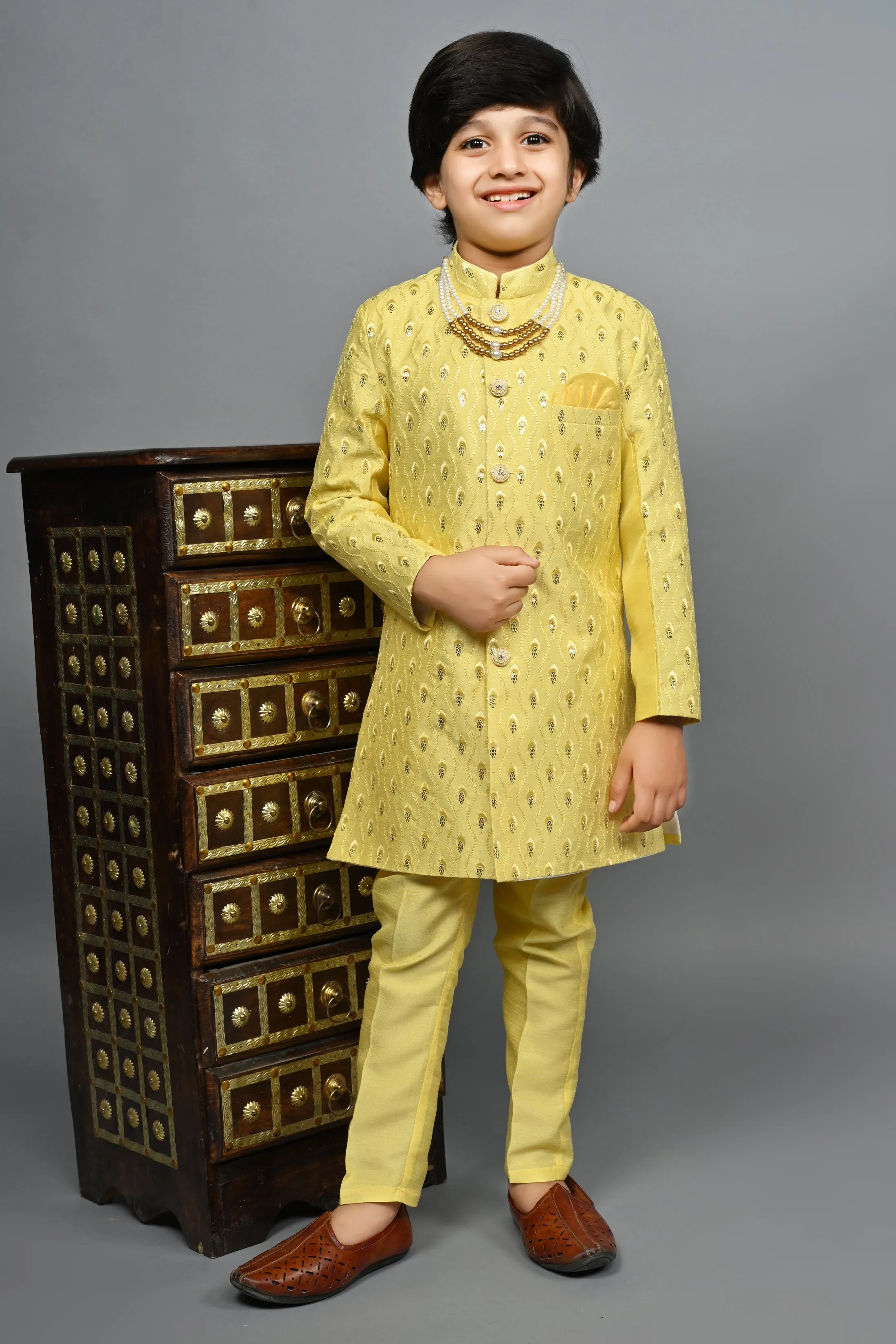 Ahhaaaa Kids Ethnic Silk Blend traditional Wear Sequin Print Indo-Western Sherwani Set For Boys