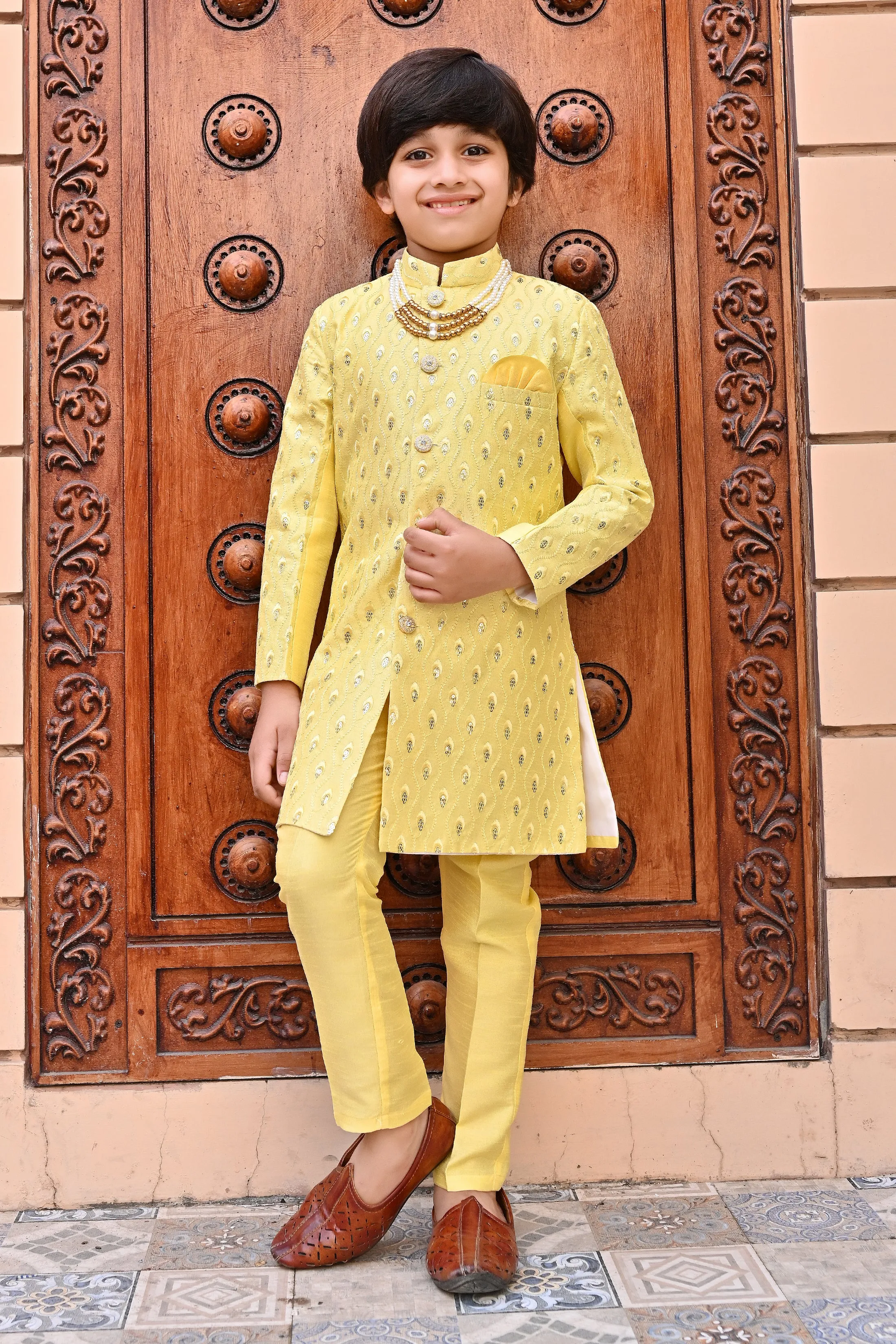 Ahhaaaa Kids Ethnic Silk Blend traditional Wear Sequin Print Indo-Western Sherwani Set For Boys