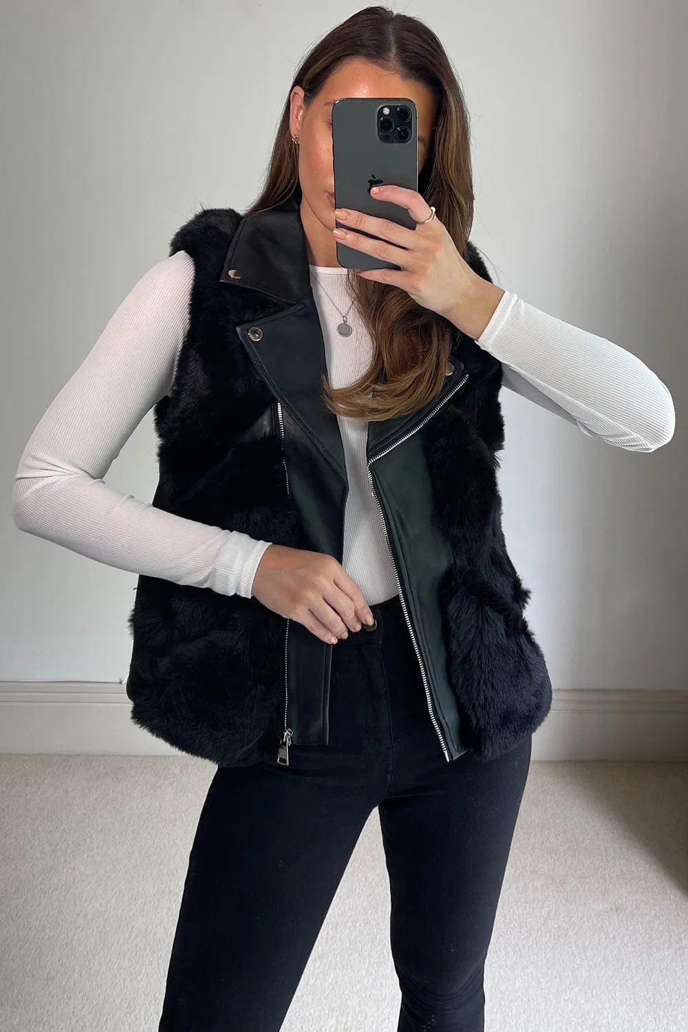 Alexis Black PU Faux Leather Faux Fur Zip Up Gilet