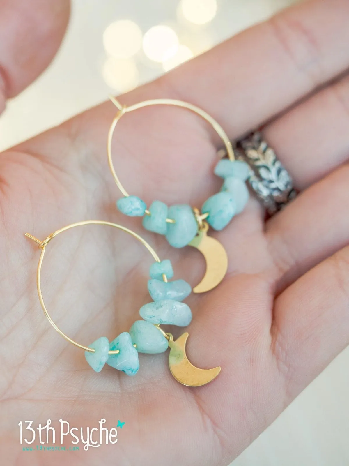 Amazonite hoop earrings  with moon or star charm