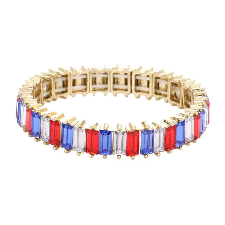 American USA Flag Rectangle Stone Stretch Evening Bracelet