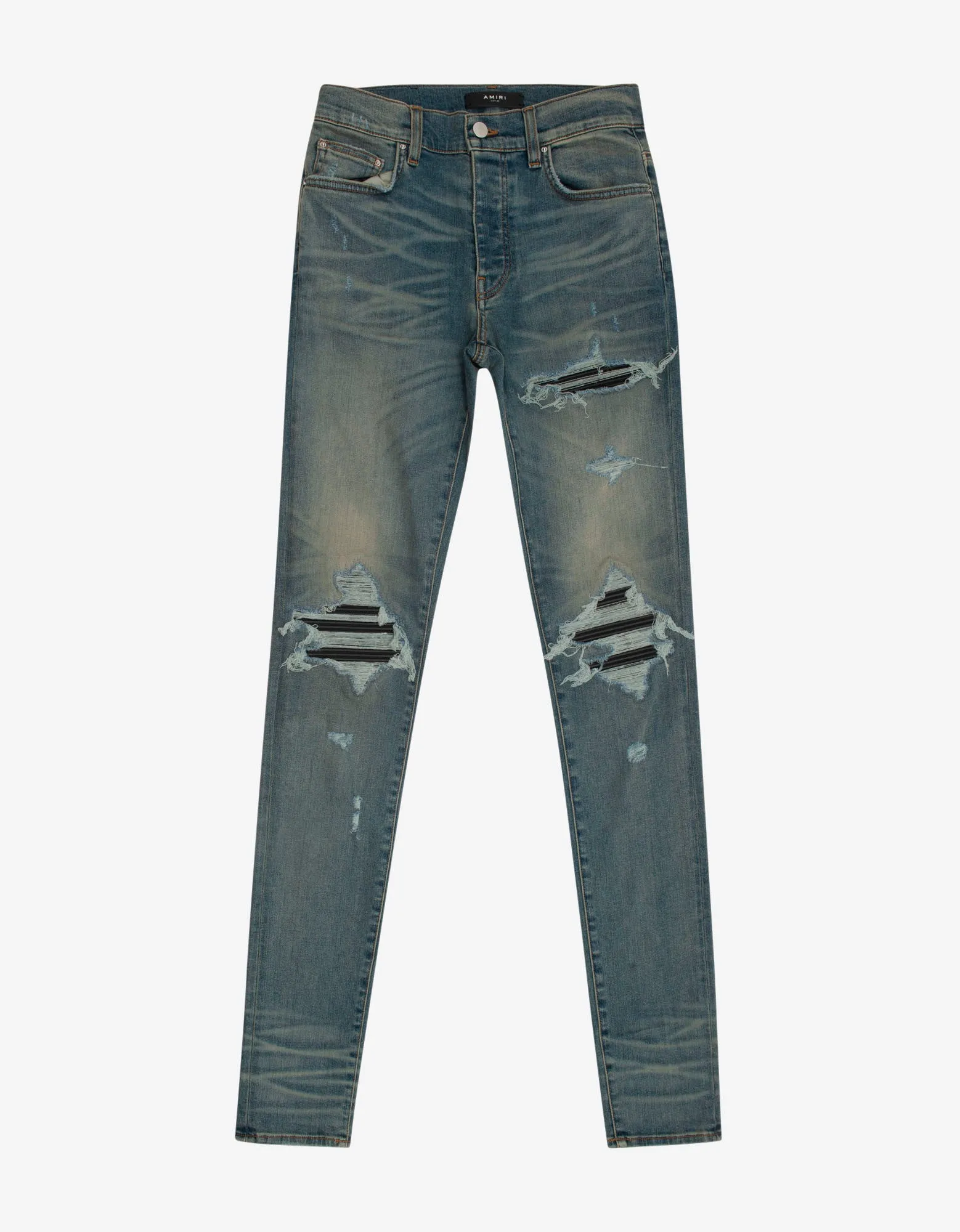 Amiri MX1 Classic Indigo Leather Insert Distressed Skinny Jeans