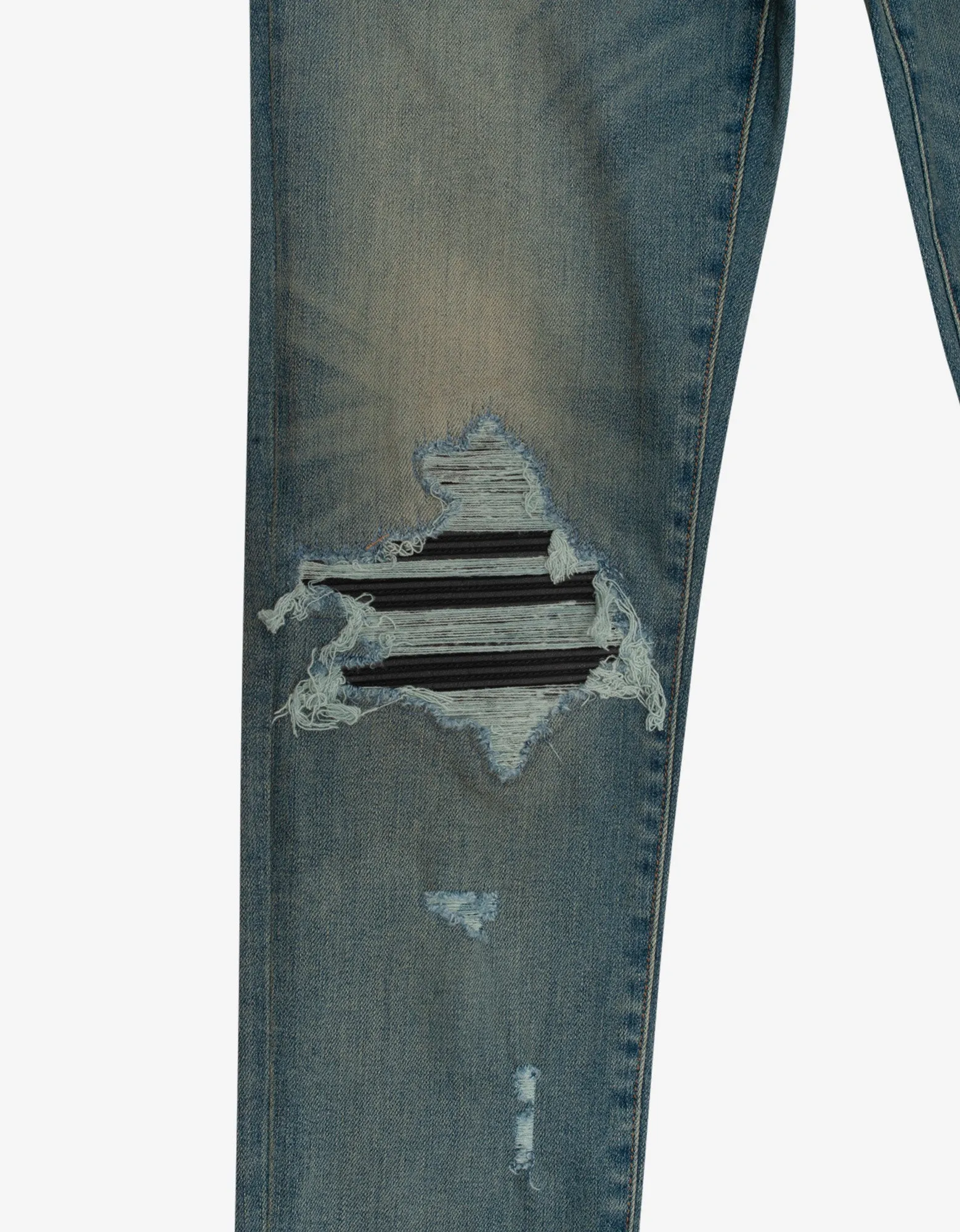 Amiri MX1 Classic Indigo Leather Insert Distressed Skinny Jeans