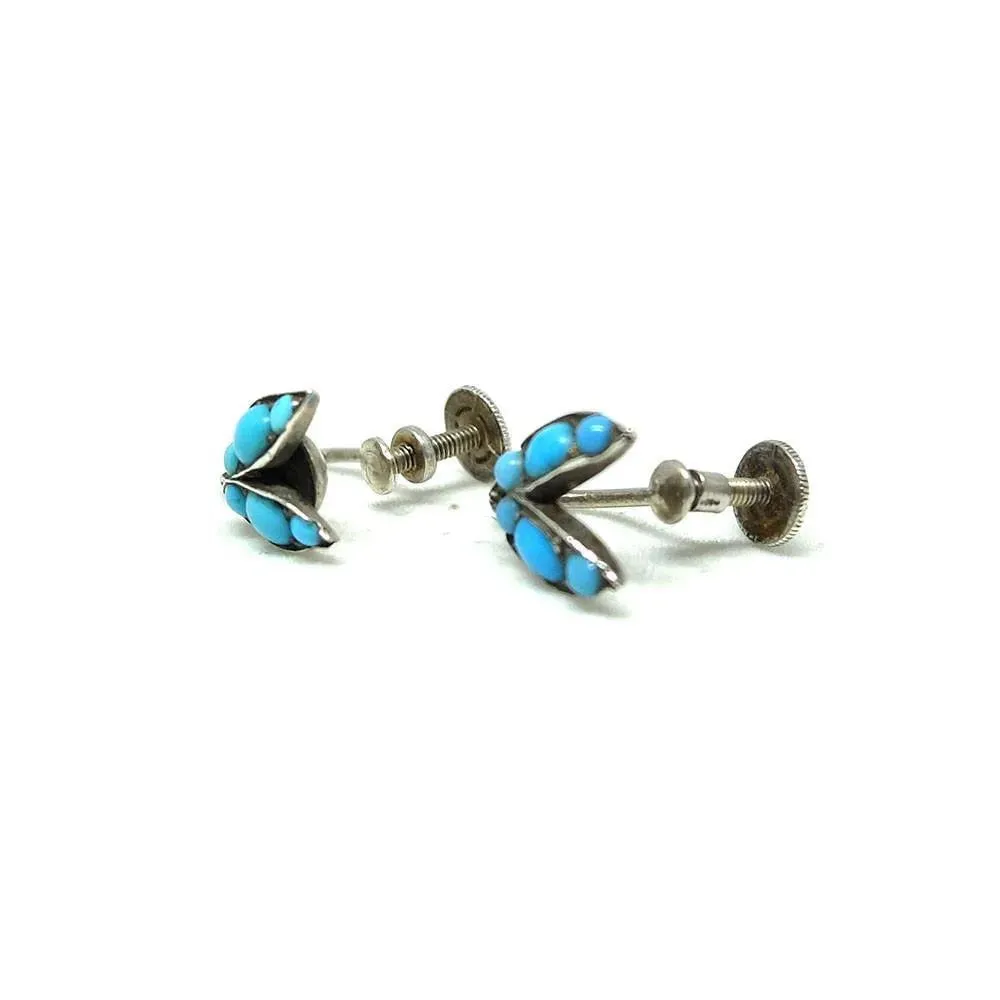 Antique Victorian Turquoise Sterling Silver Screw Leaf Gemstone Earrings