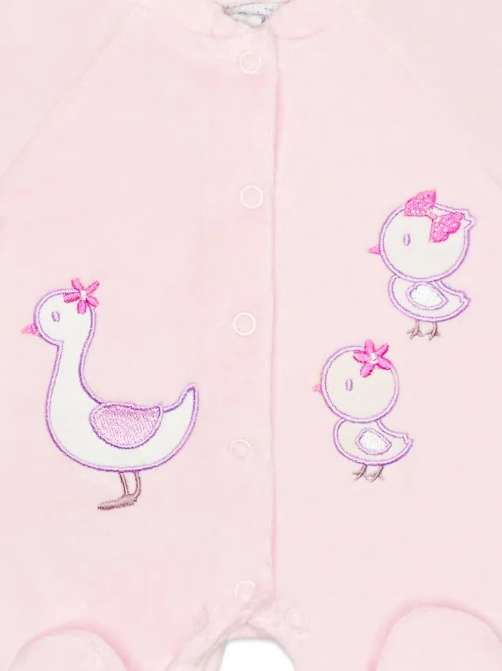 Appliqué Mother Duck & Ducklings Pink Velour Sleepsuit