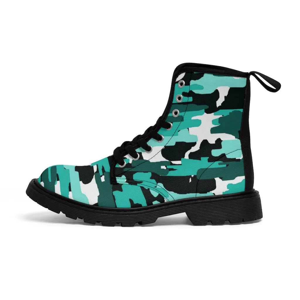 Aqua Blue Camo Men's Boots, Best Hiking Camo Army Print Winter Boots Laced Up Shoes For Men (US Size: 7-10.5)