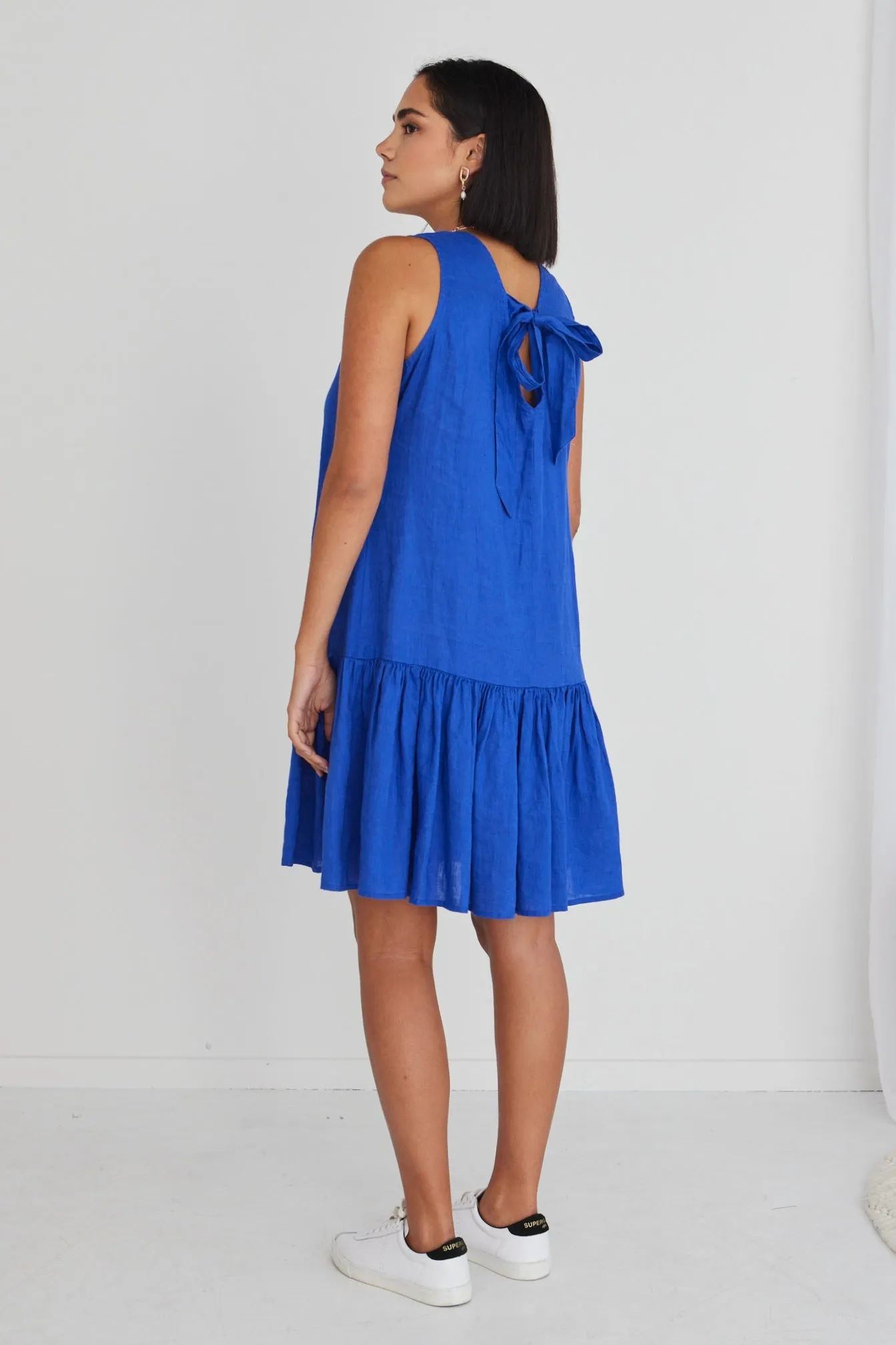 Ava Electric Blue Linen Sleeveless Frill Hem Smock Mini Dress