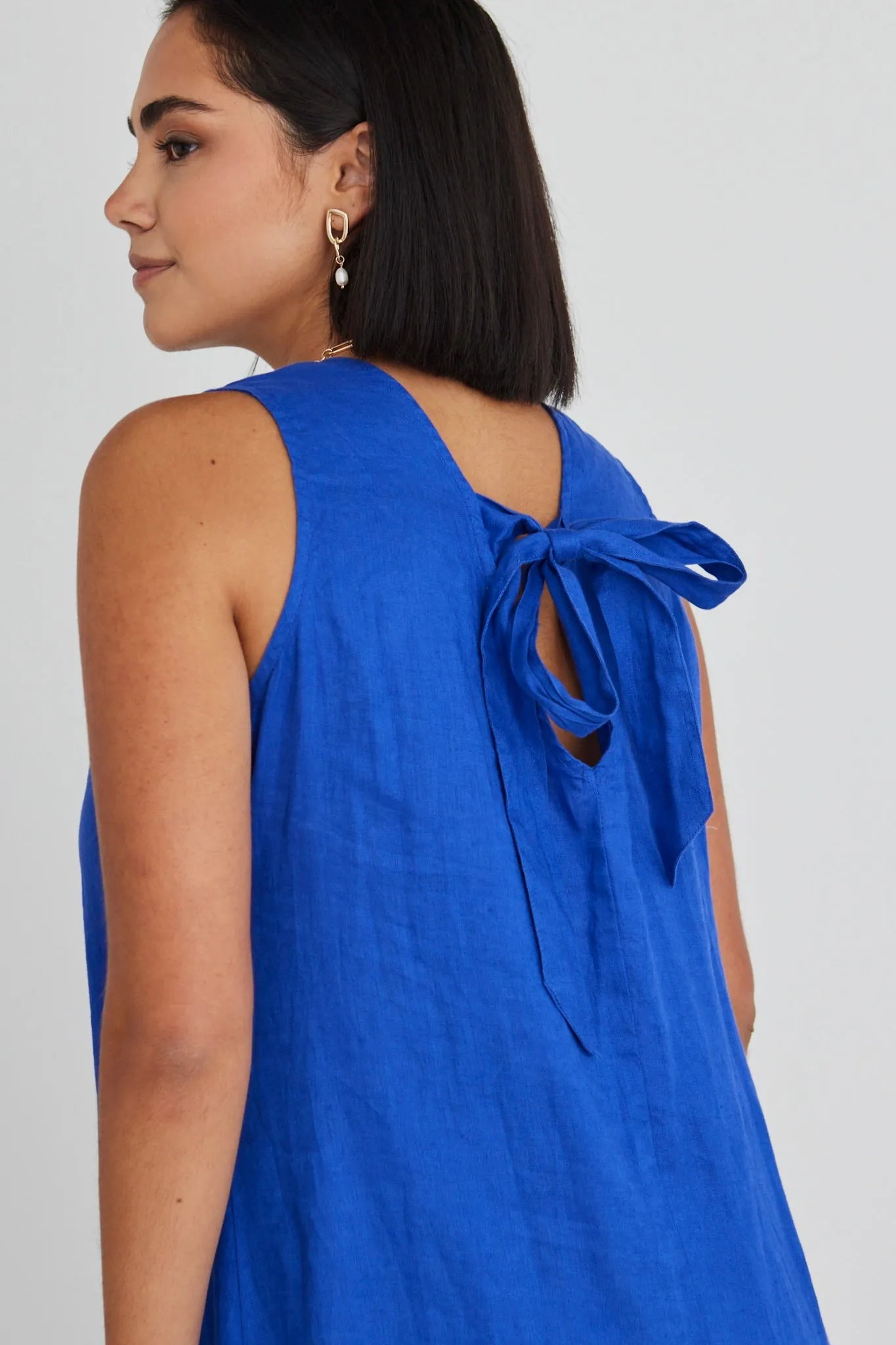 Ava Electric Blue Linen Sleeveless Frill Hem Smock Mini Dress