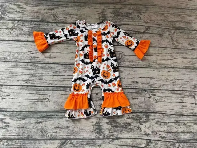 Baby Romper - Girls Halloween - Bats Jack o'Lanterns Orange Ruffle