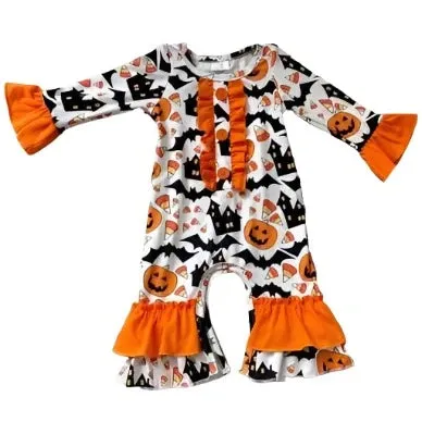 Baby Romper - Girls Halloween - Bats Jack o'Lanterns Orange Ruffle