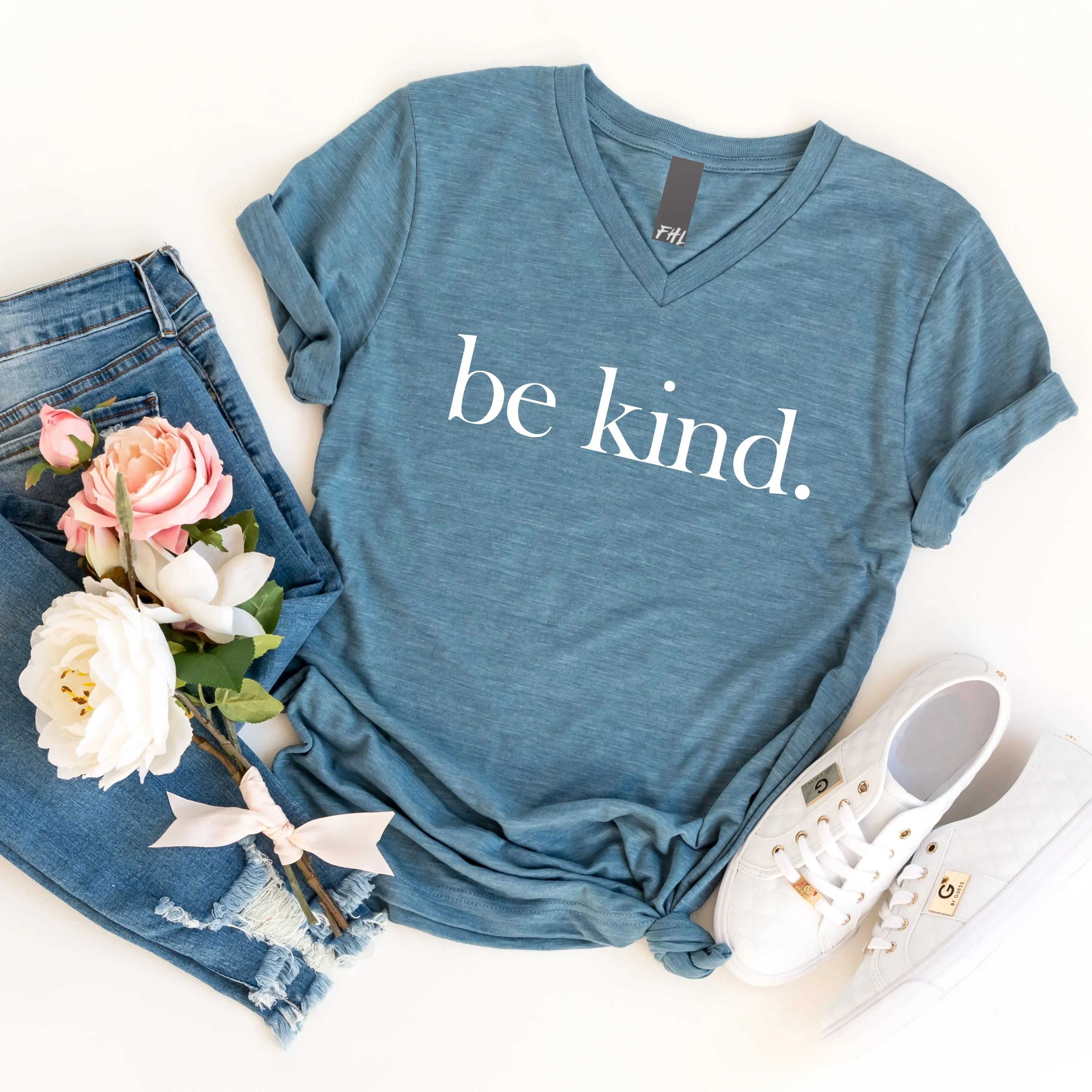 be kind. Denim Blue V-Neck T-Shirt (Quick Ship)