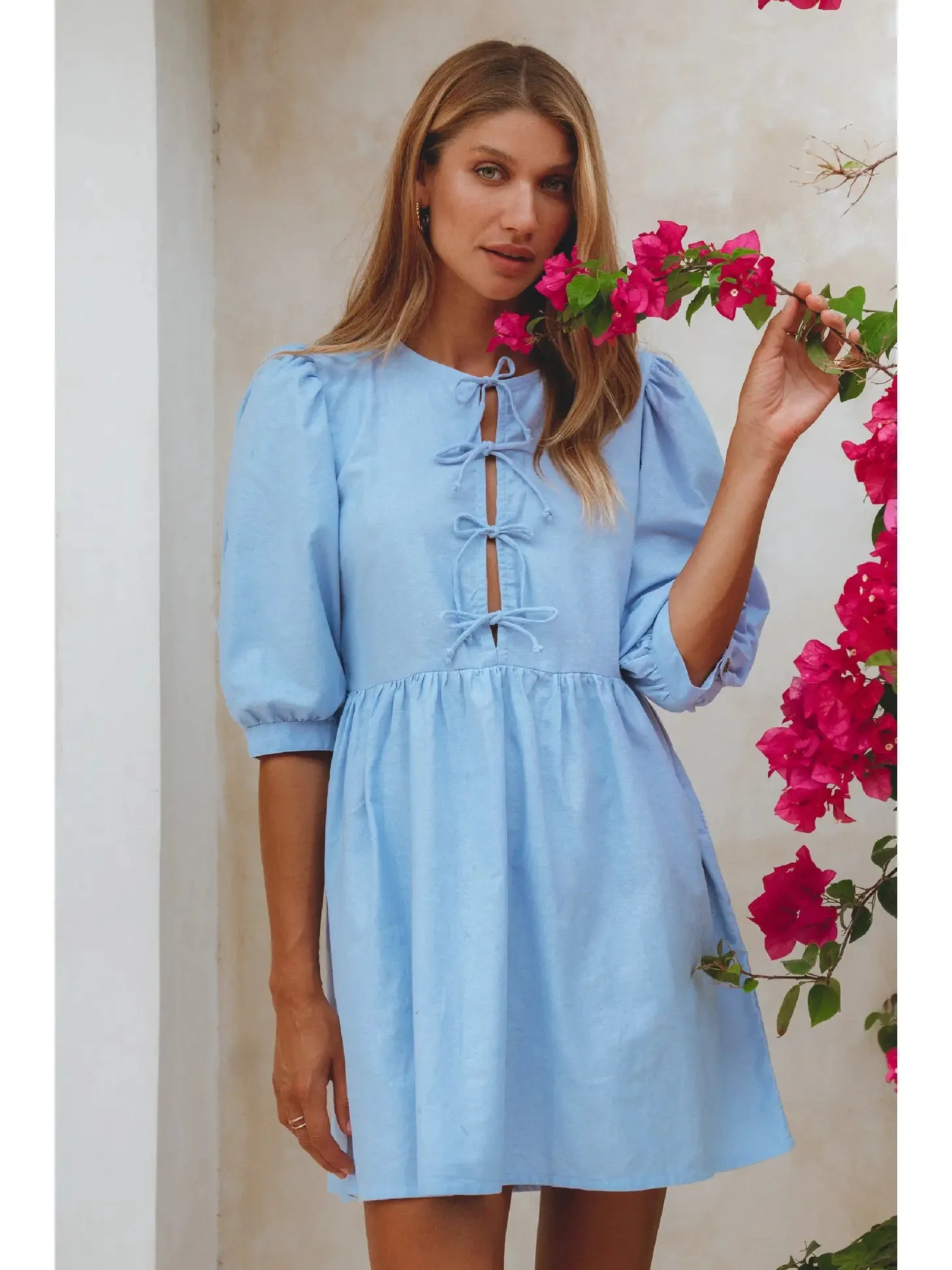 Beatrice Puff Sleeve Linen Mini Dress - Crystal Blue