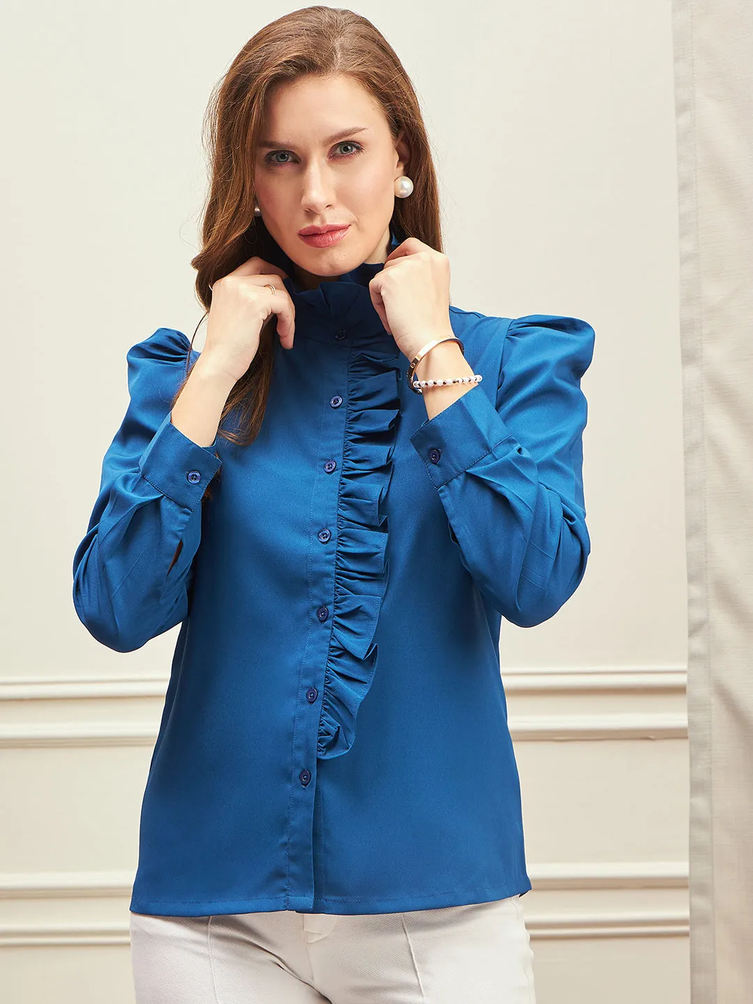 Berrylush BIZwear Women Solid Blue High-Neck Puff Sleeves Front Button Satin Ruffled Regular Top