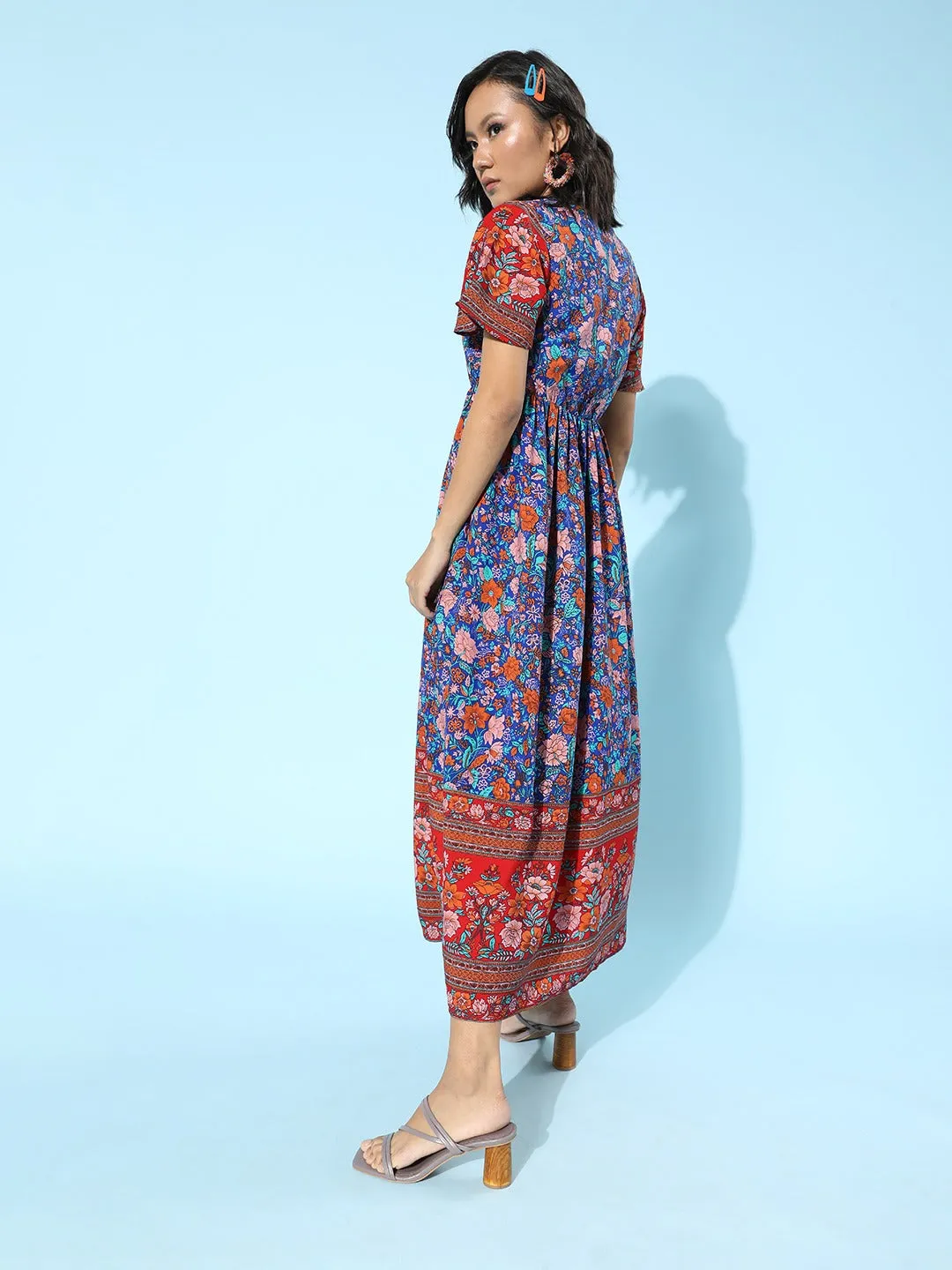 Berrylush Women Blue & Red Floral Printed V-Neck Front Knot Flared A-Line Maxi Dress