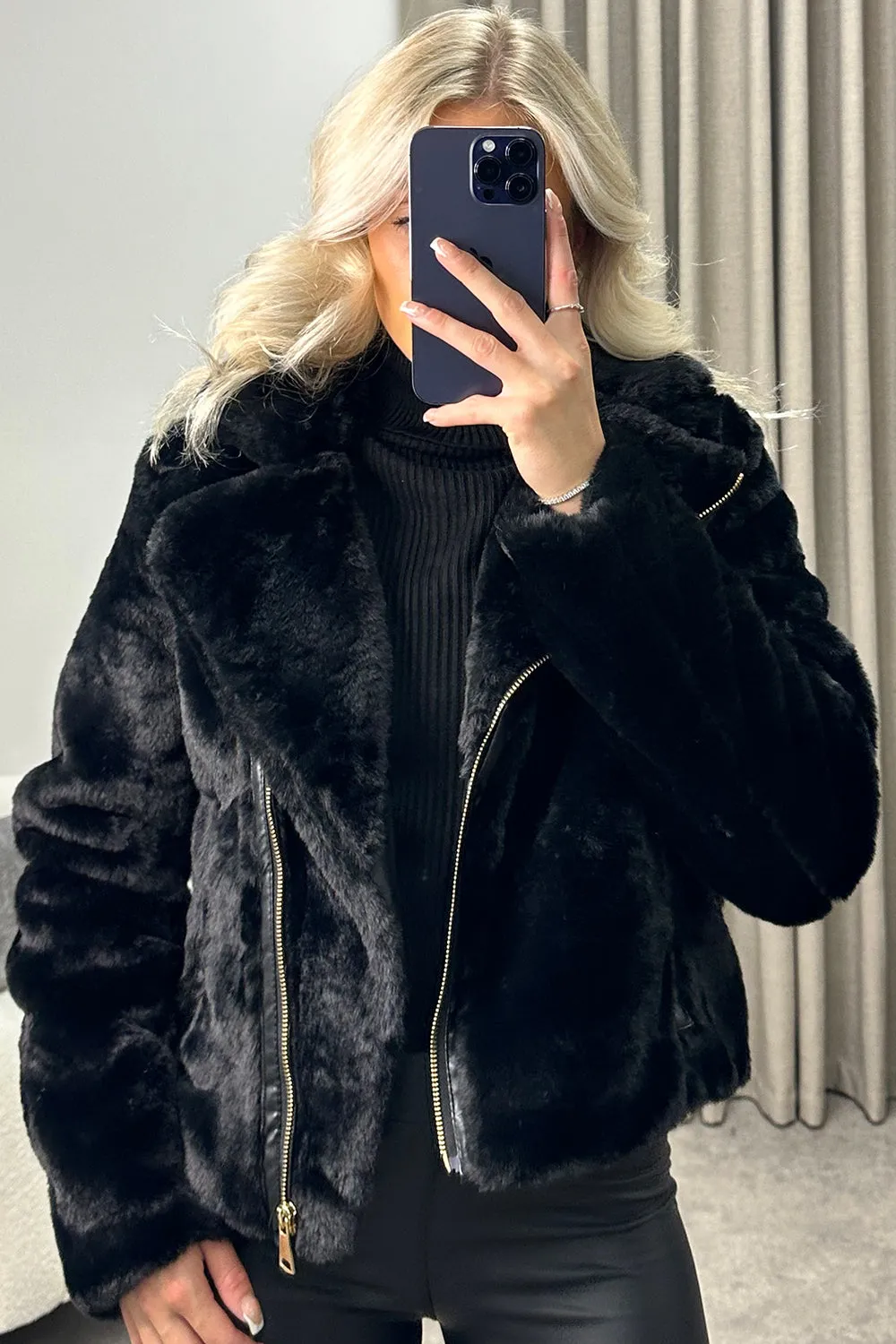 Bex Black Faux Fur Zip Up Jacket