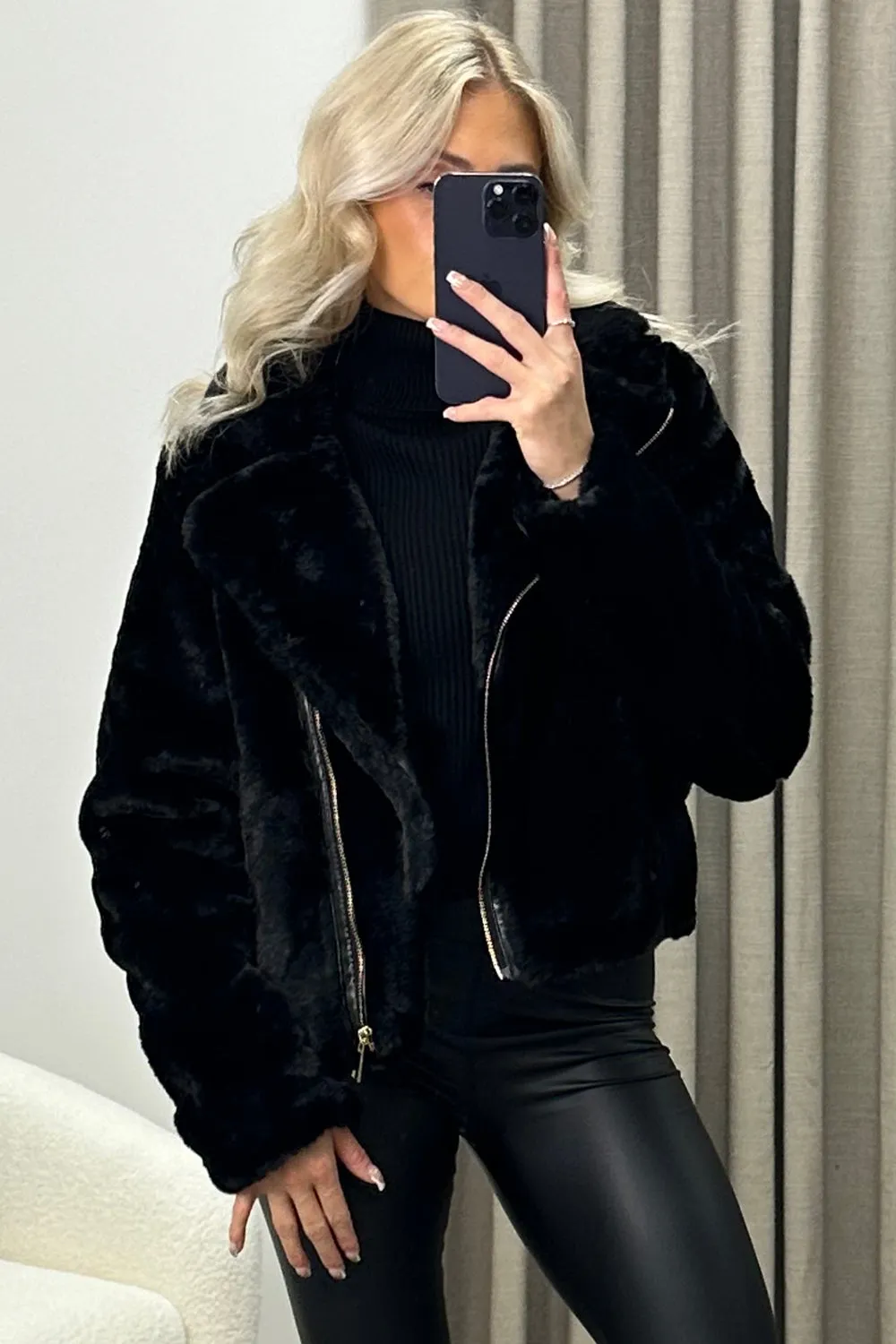 Bex Black Faux Fur Zip Up Jacket