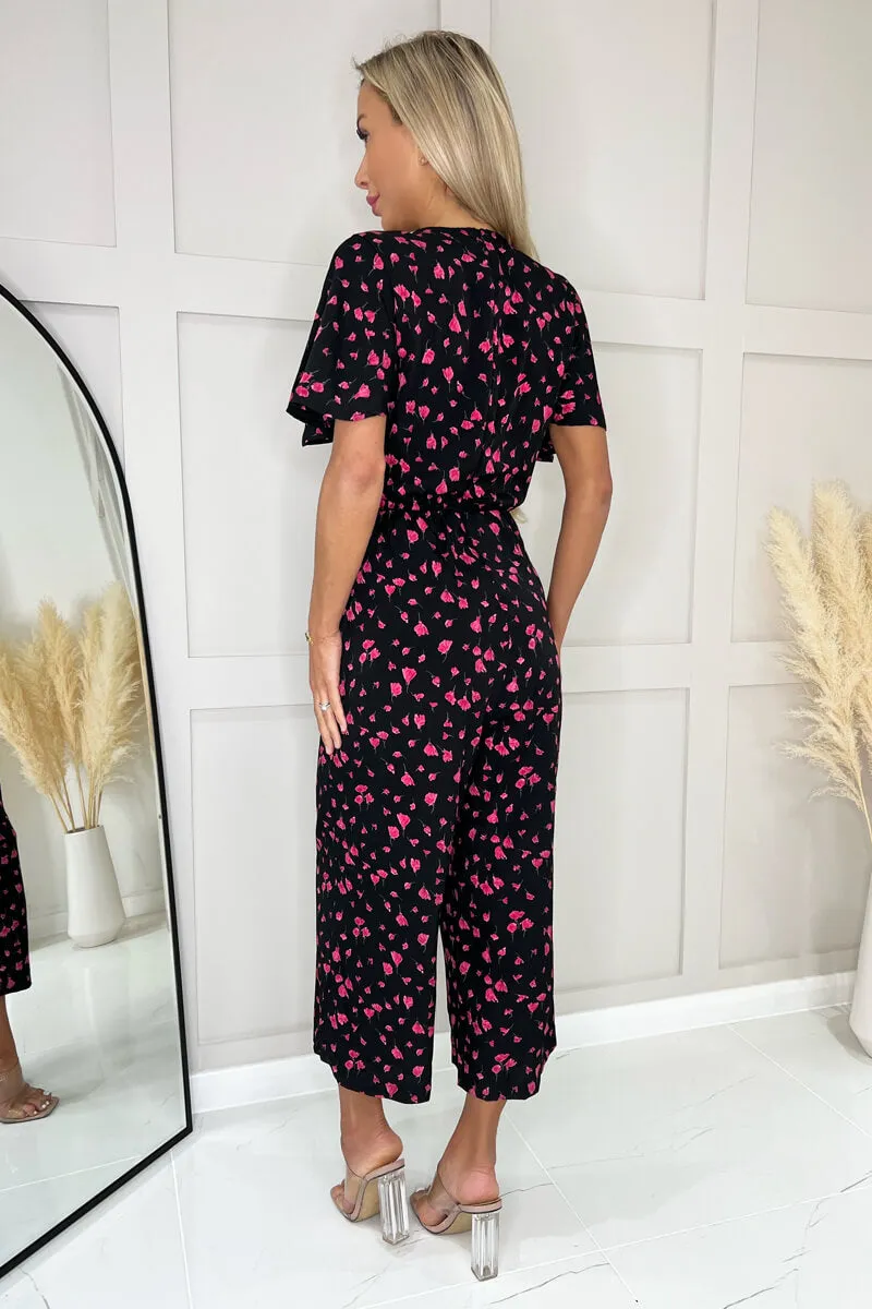 Black And Pink Floral Printed Short Sleeve Tie Waist Jumpsuit