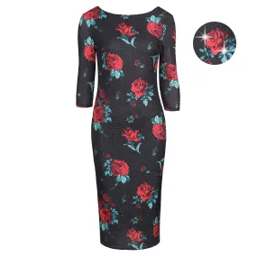 Black and Red Rose Print 1940s Sparkle Bodycon Pencil Wiggle Party Dress