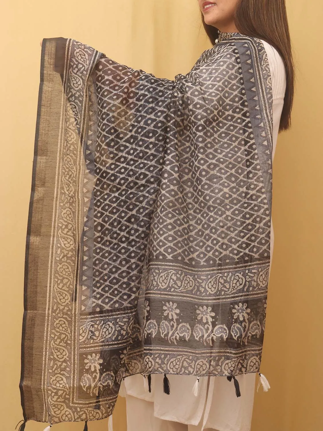 Black Block Printed Chanderi Silk Dupatta