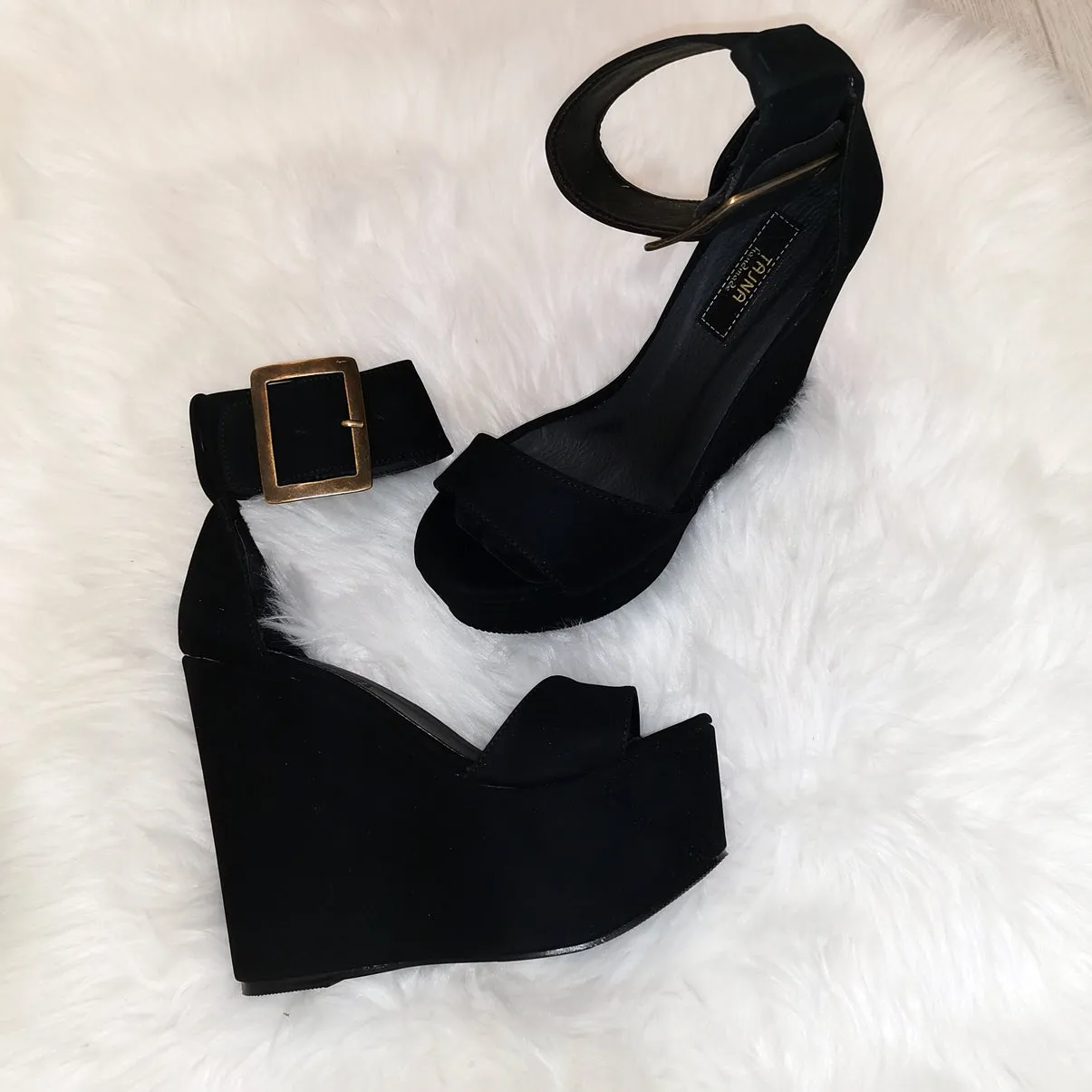 Black Bold Strap Wedge Shoes