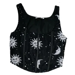 Black Celestial Moon and Stars Print Mesh Sleeveless Crop Top