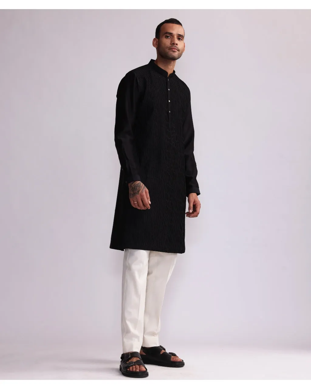 Black Contour Line Pin Tucks Embroidered Kurta Set