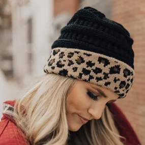 Black Knitted Leopard Print Beanie